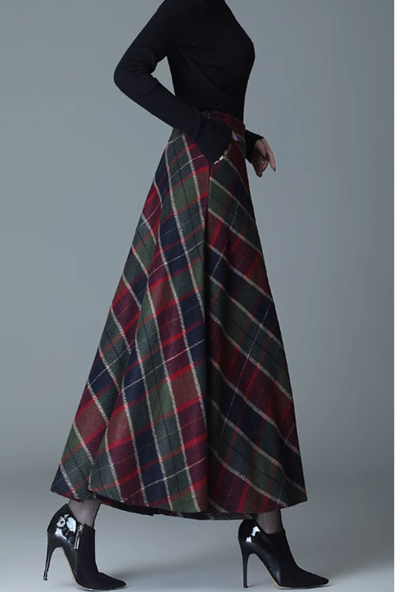 plaid a line long wool skirt for women C3718