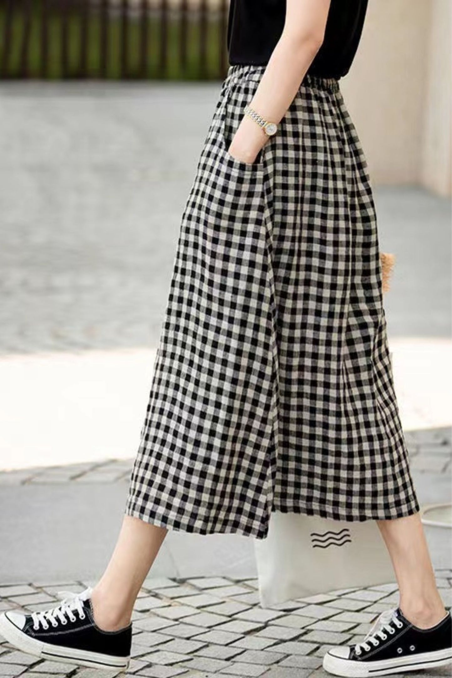 Cotton linen plaid elastic waist skirt TT0037
