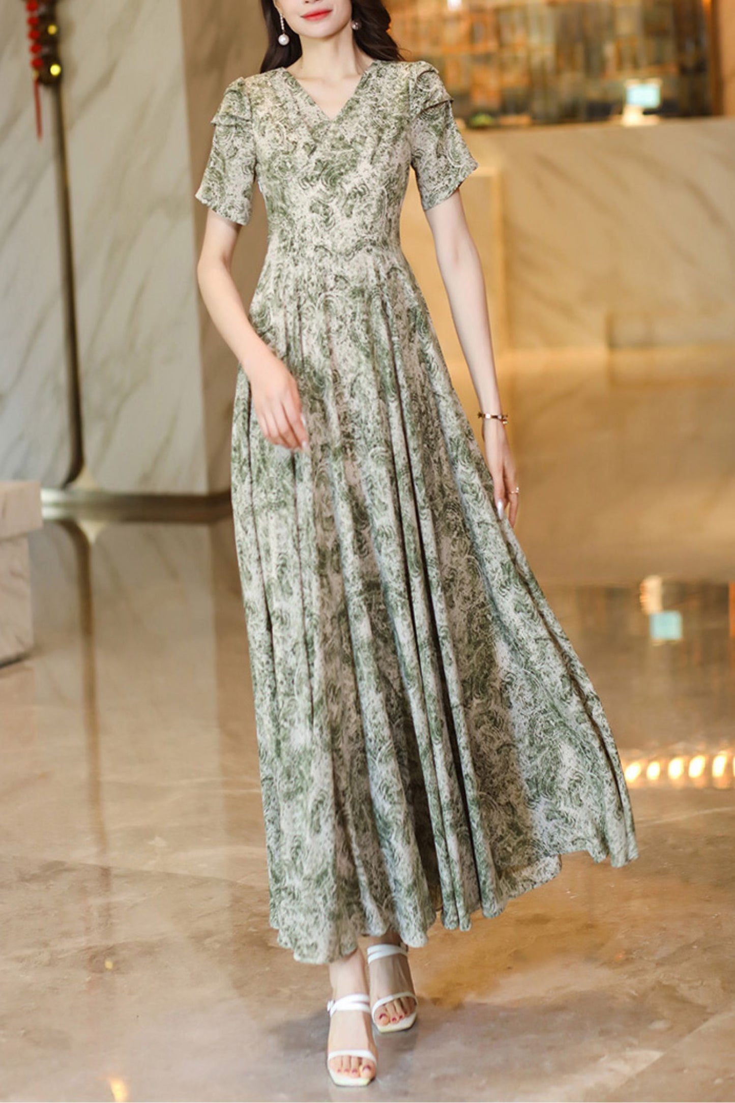 French summer white green dress C4117