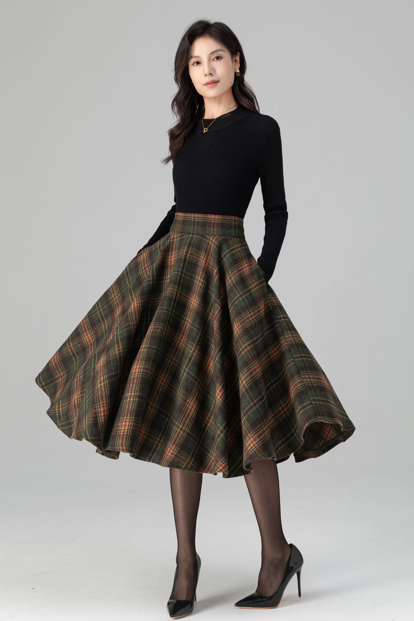 Swing Retro Tartan Midi Plaid Wool Skirt C5197