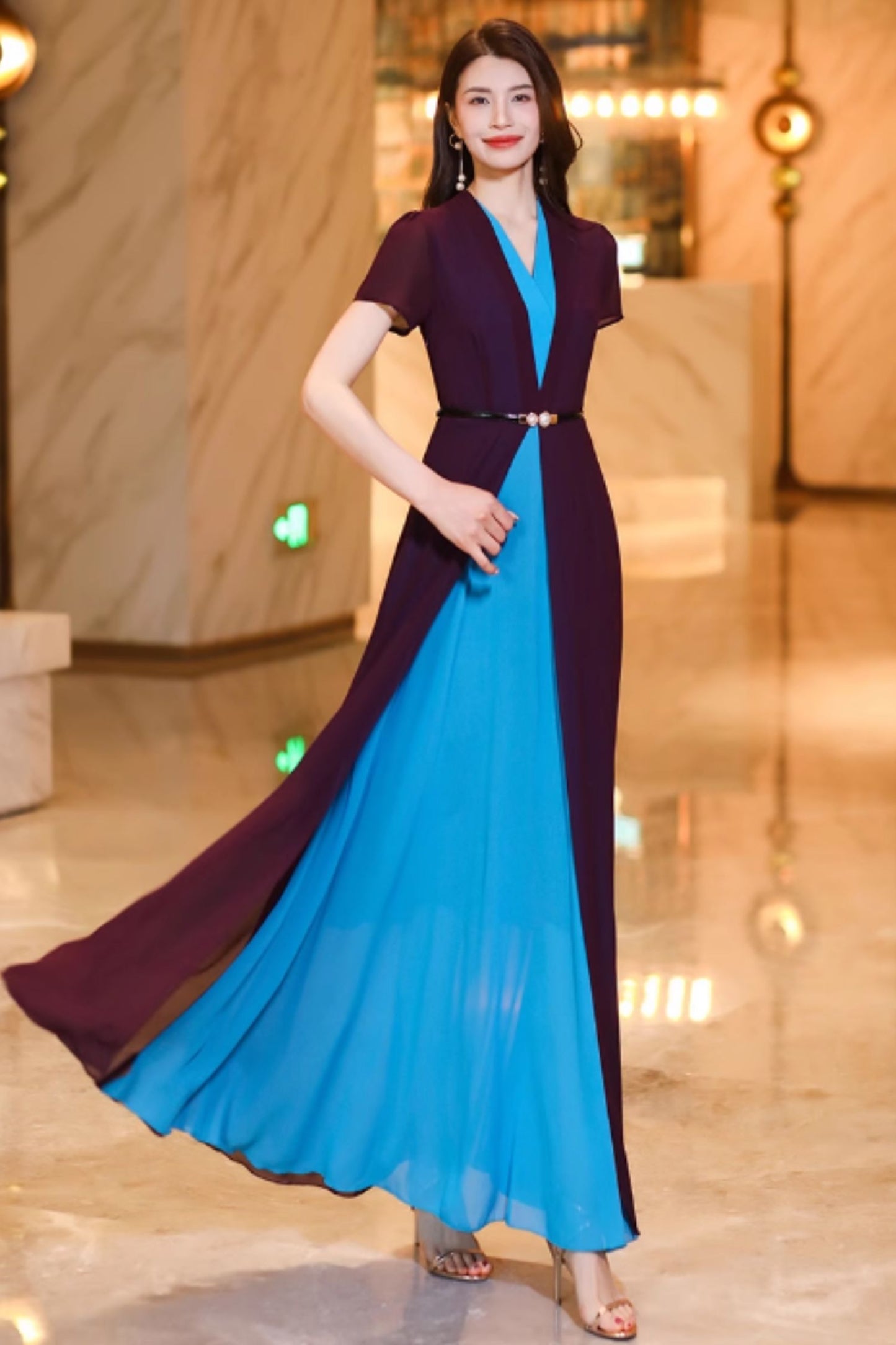 Maxi block color prom chiffon dresses C4932