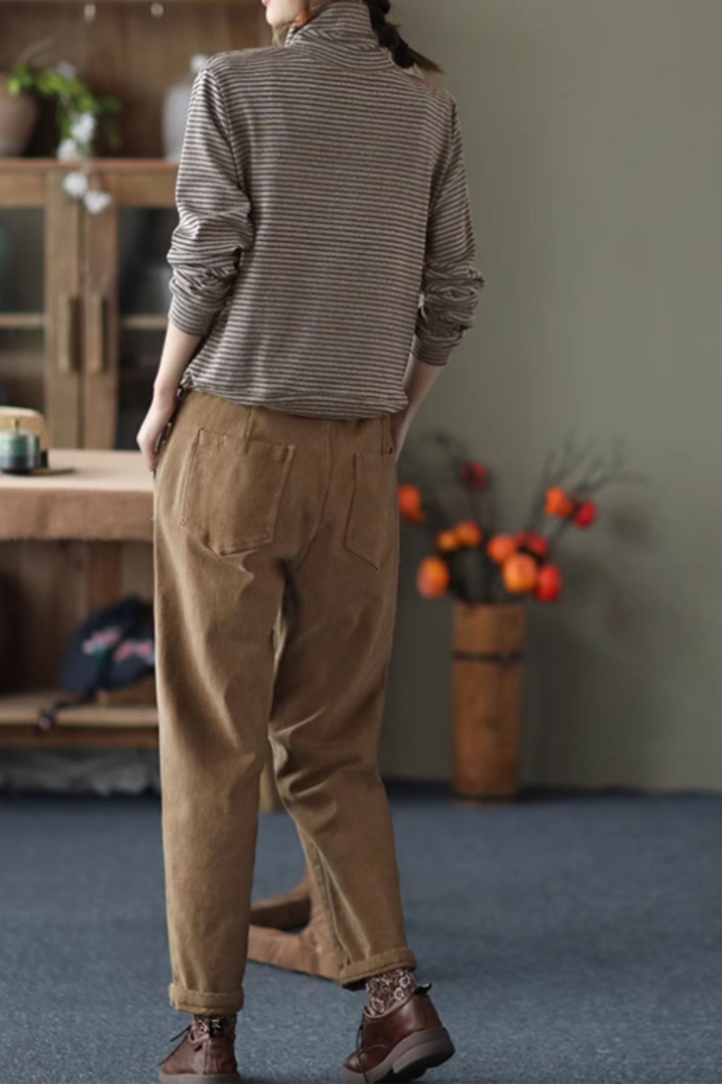 Elastic waist long cotton pants C4668