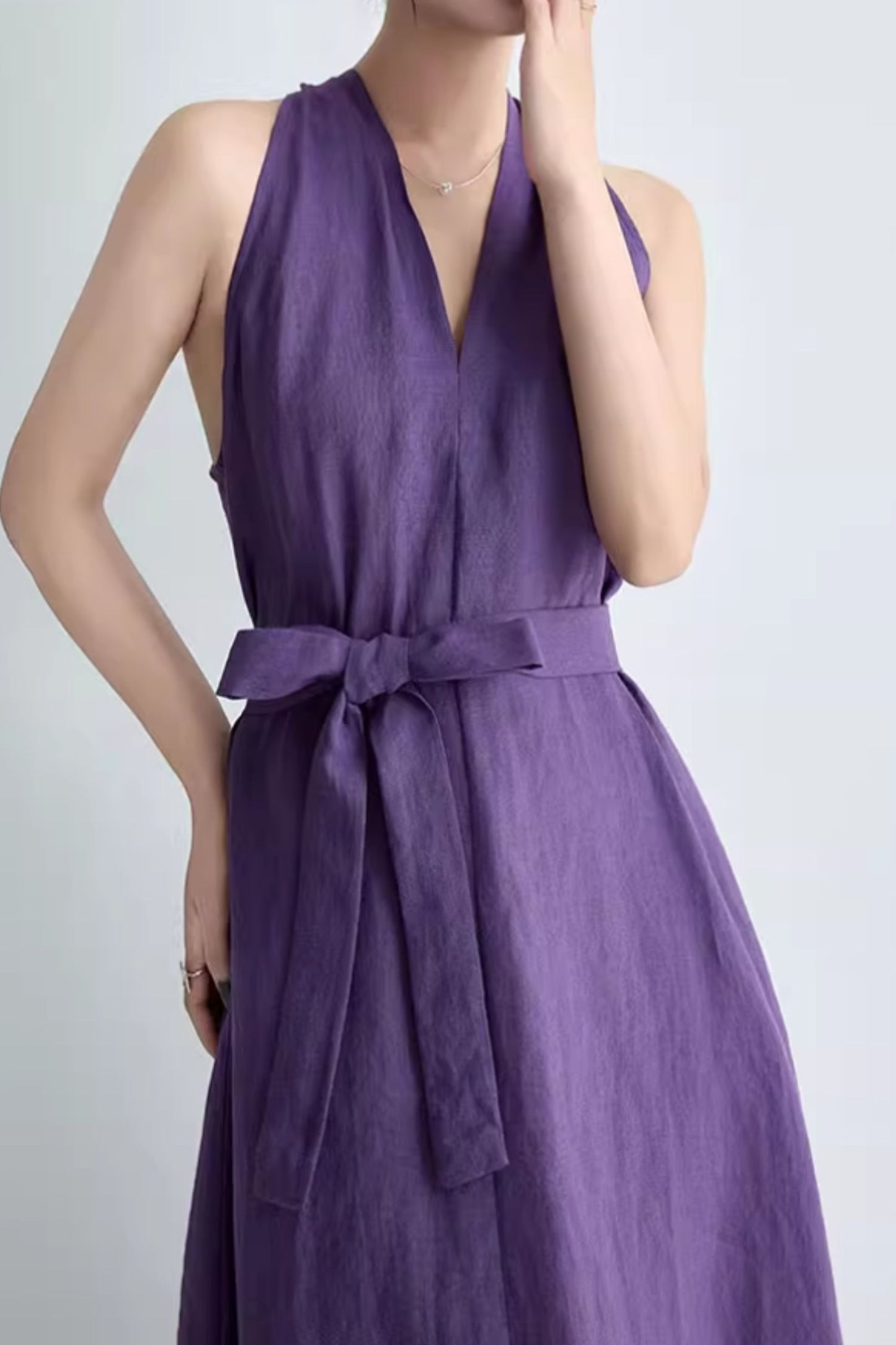 Purple loose fitting summer linen dress C5064