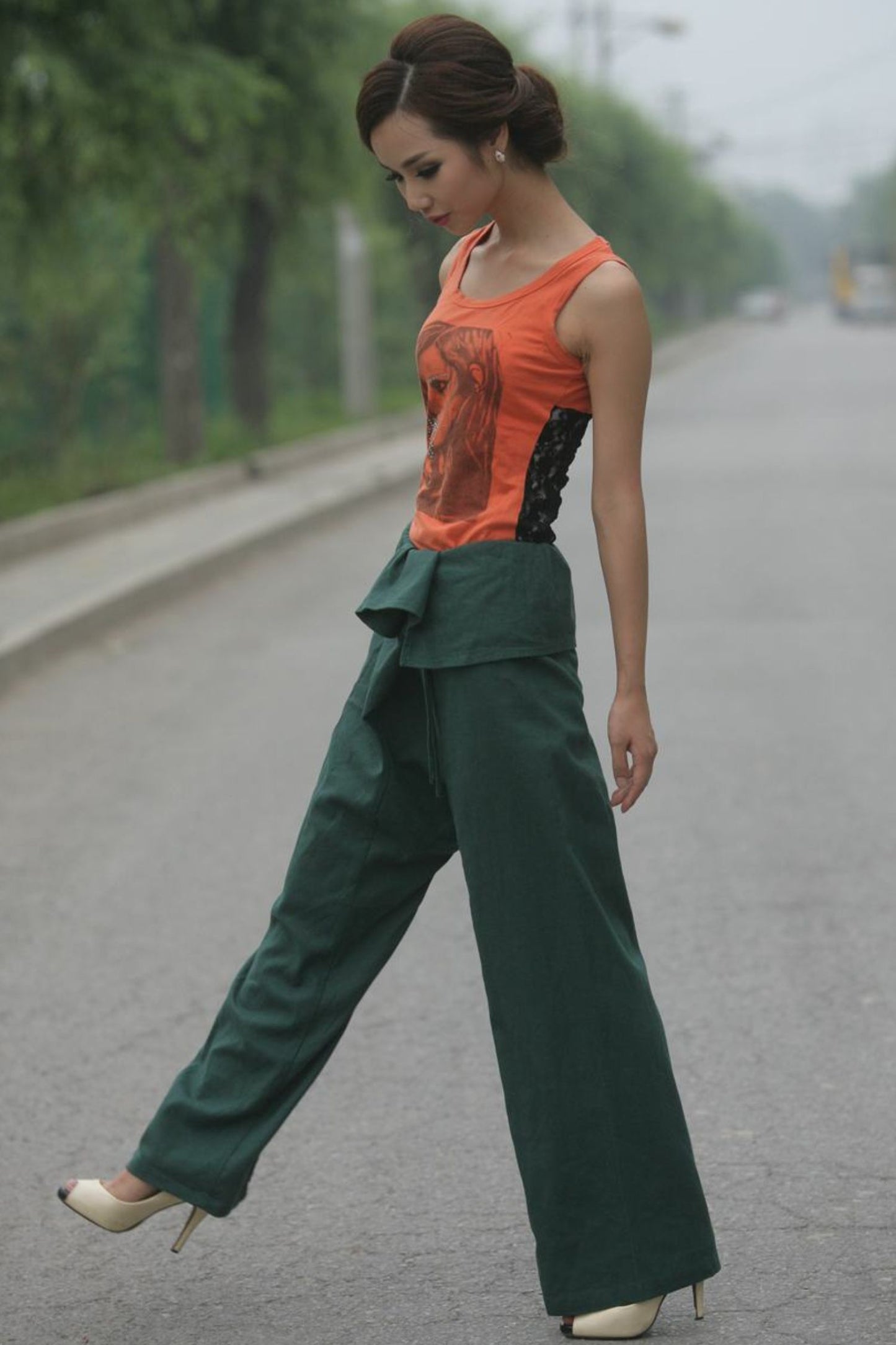 Irregular Waist Green Wide Leg Straight Leg Pants C156