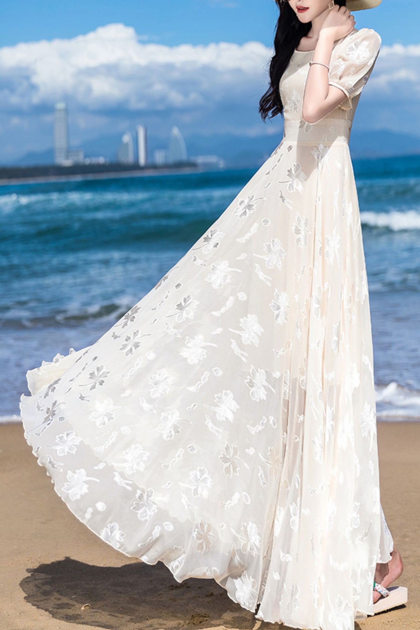 Beige chiffon women summer new long round neck dress C4092