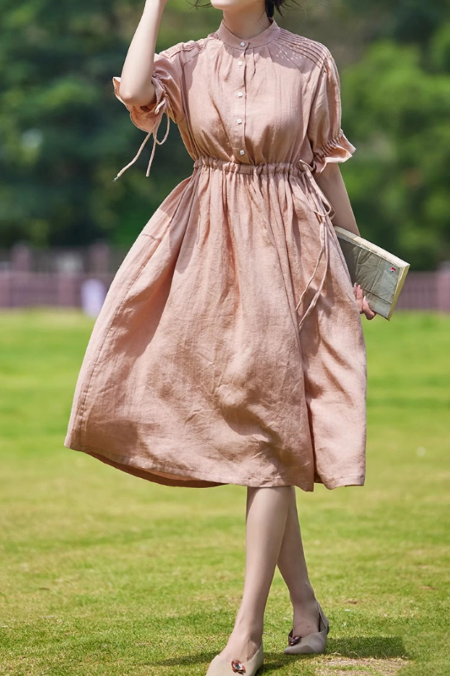 Pink drawstring waist summer linen dress C5059