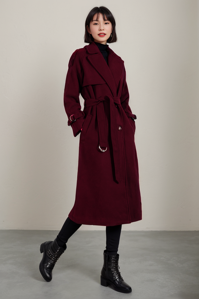 Army green wool maxi coat with self tie belt C1762