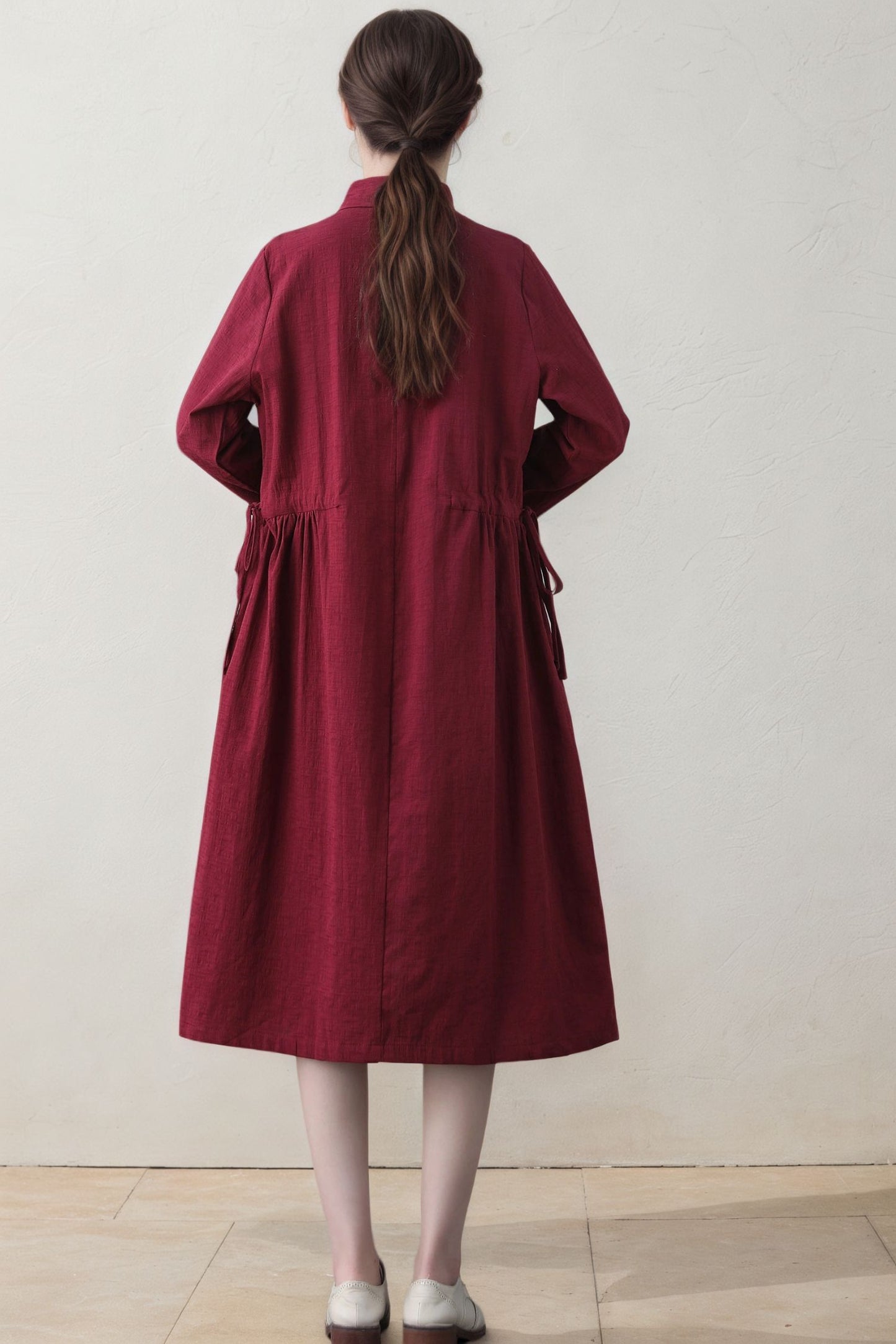 Burgundy Linen Shirt Dress - Long Sleeve Button-Front Midi with Drawstring Waist c5392