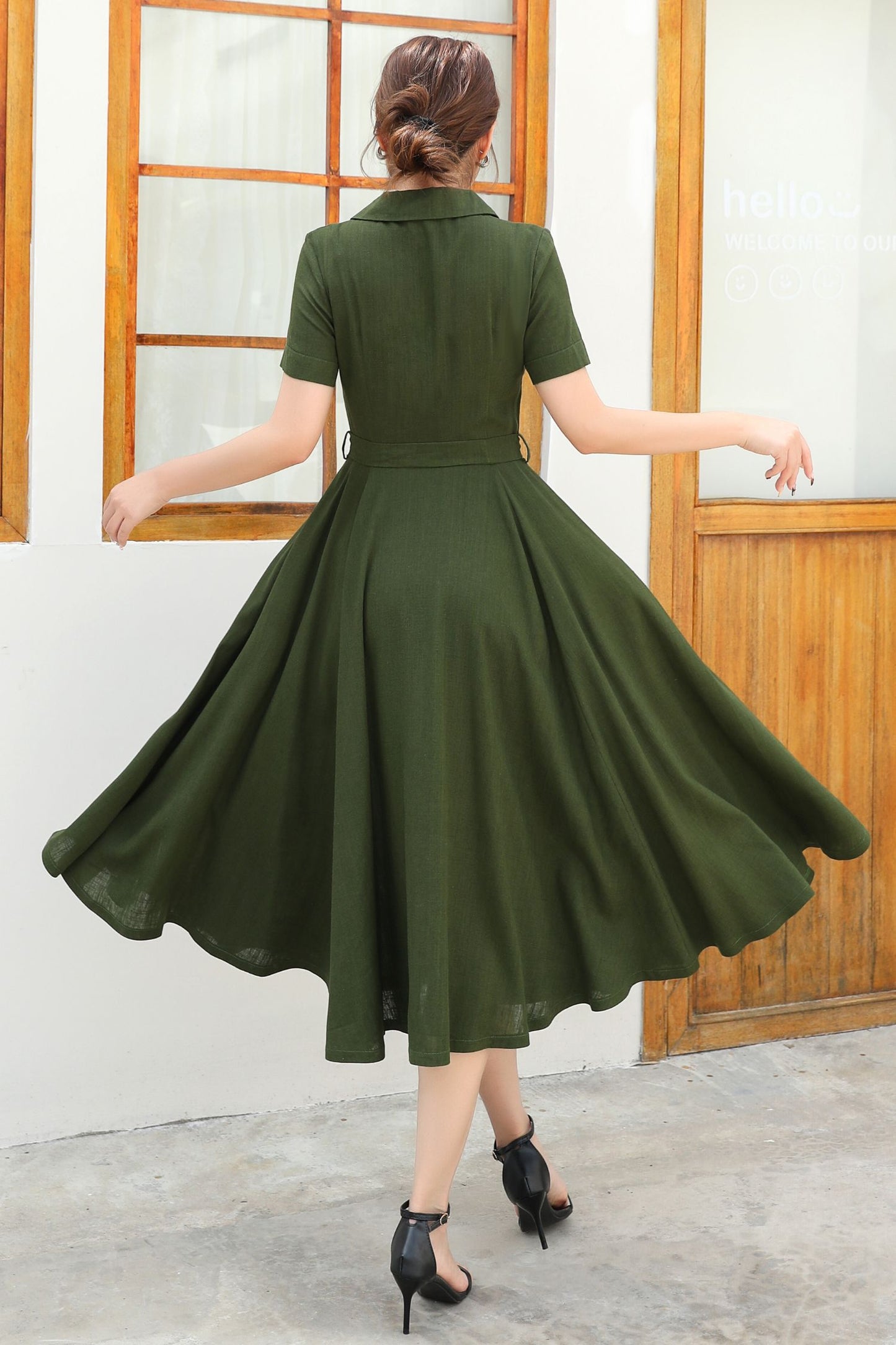 Green Linen Summer Shirt dress c4833