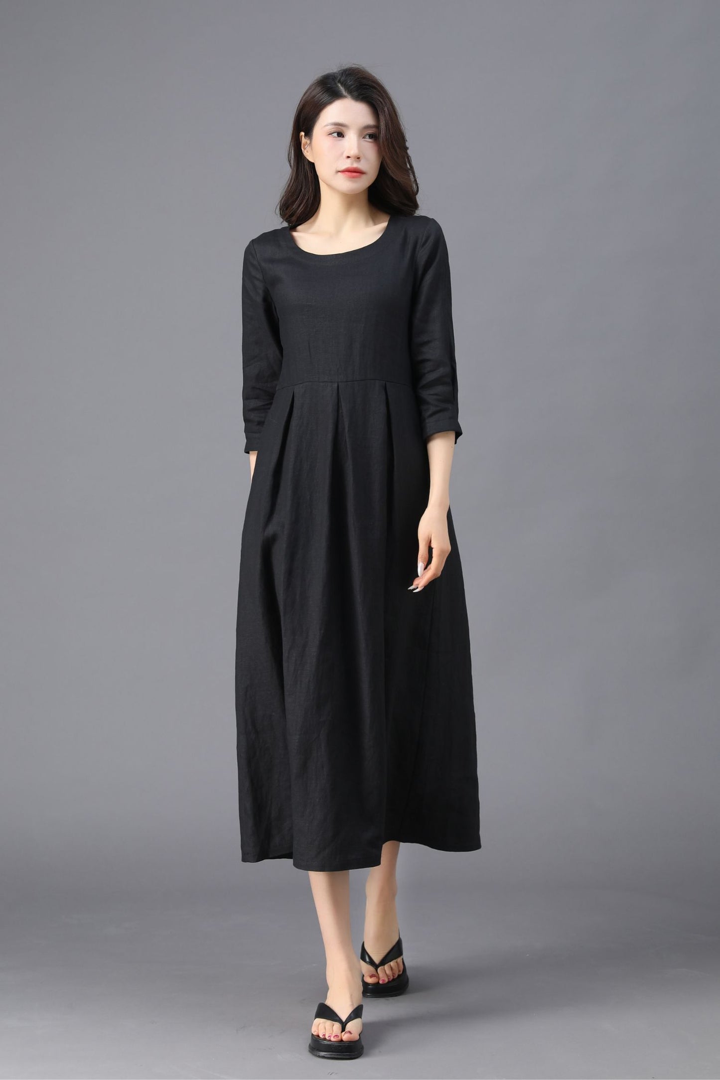 Women's Casual Belted  Black Linen Dress C3911