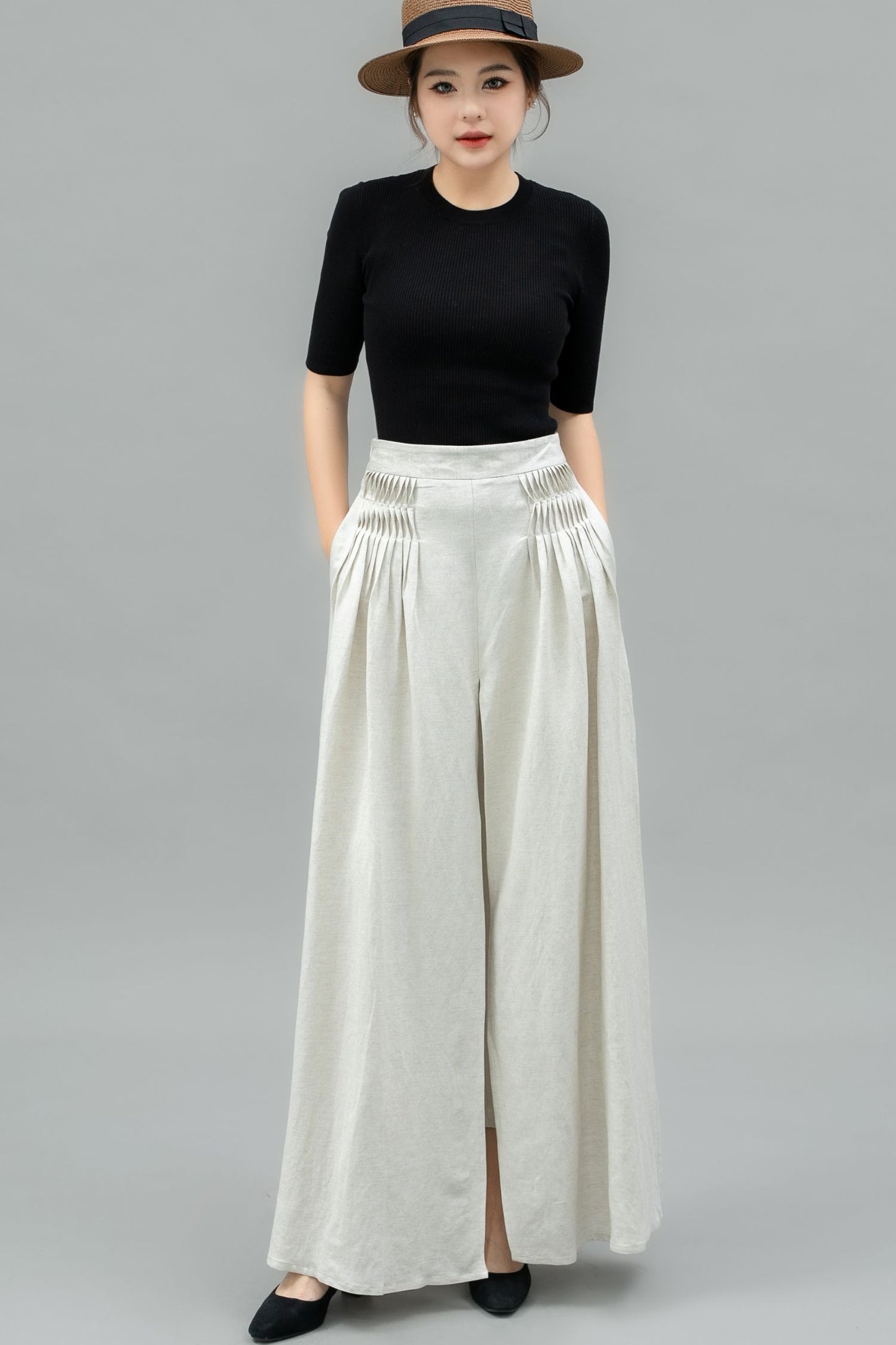 White Wide Leg Linen Palazzo Pant C4743