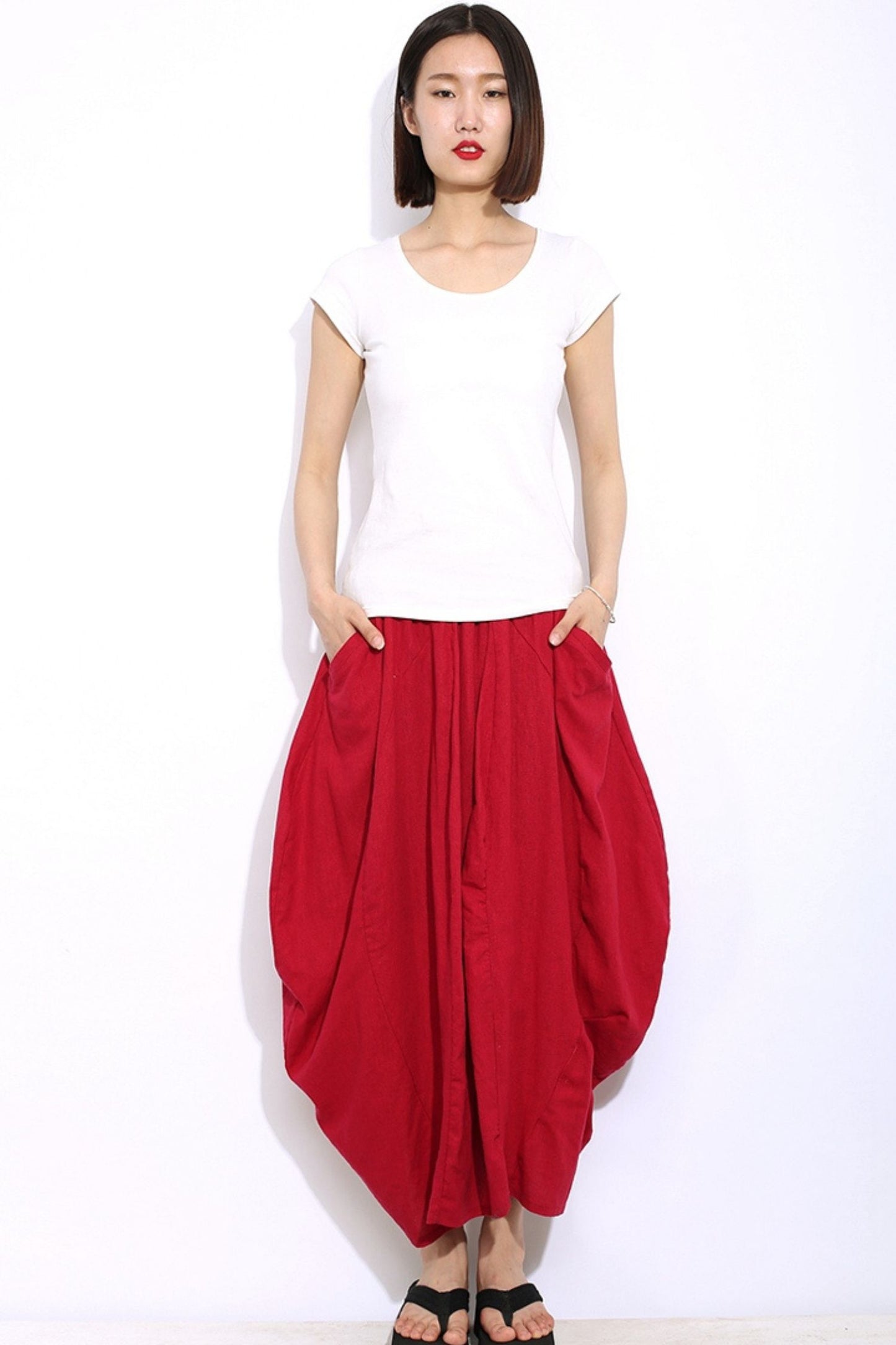 elastic waist red linen maxi skirt C329