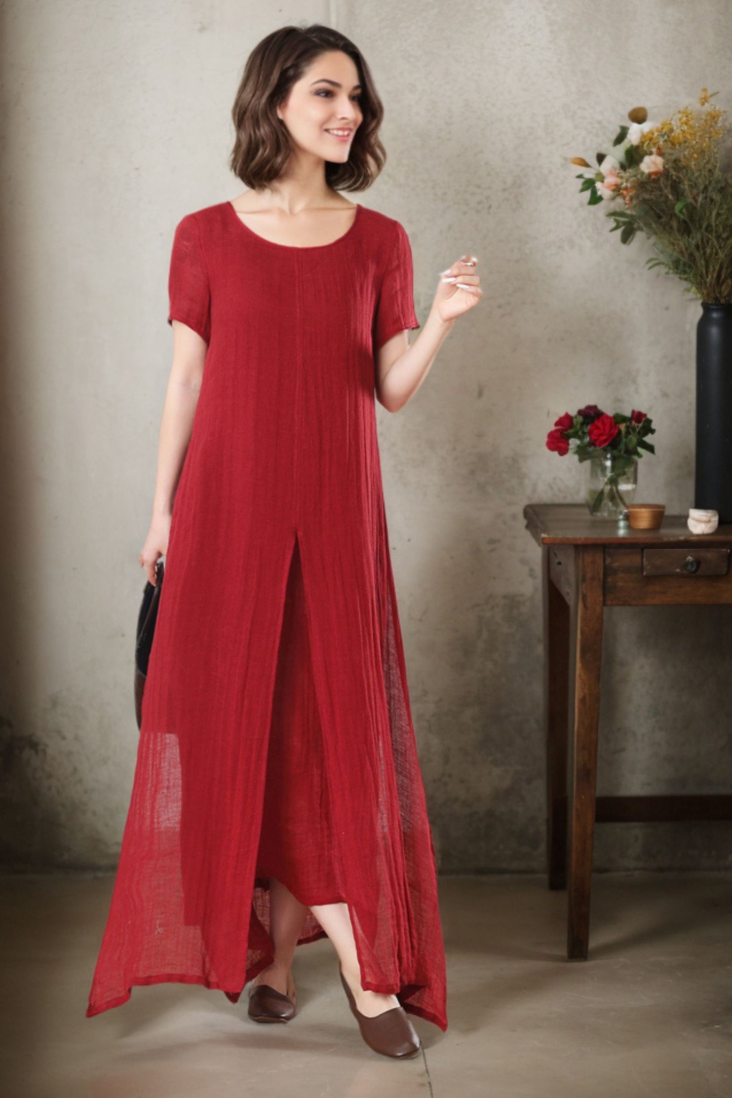 Maxi summer loose fit Linen dress for women c4776