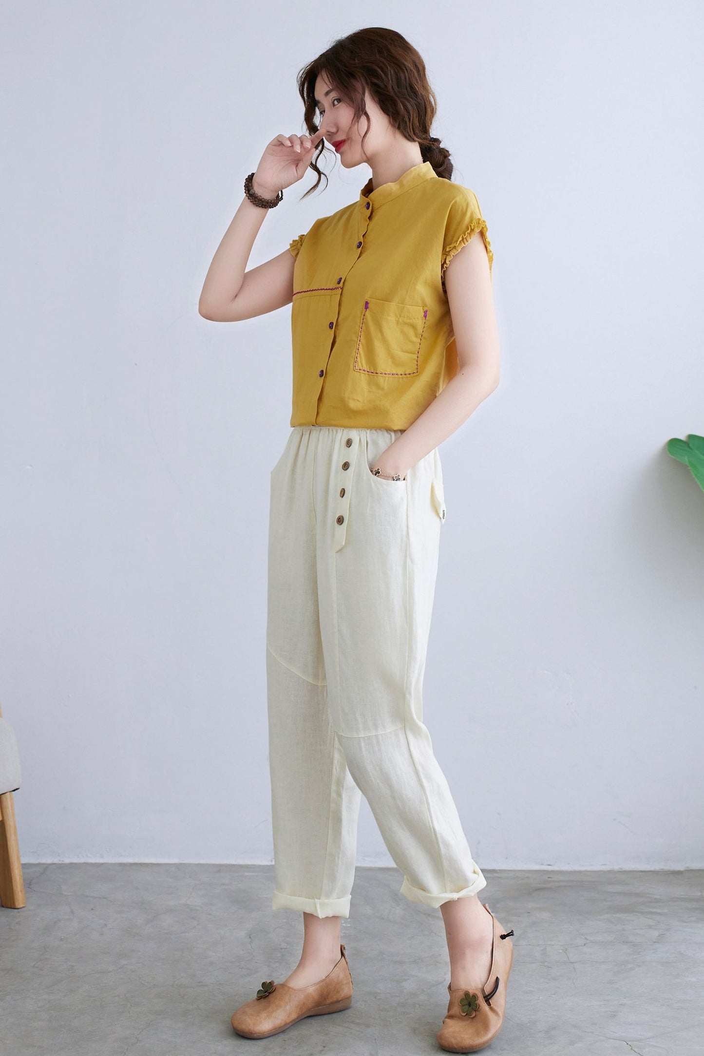 White Linen Casual Cropped Elastic Waist Pants C2294
