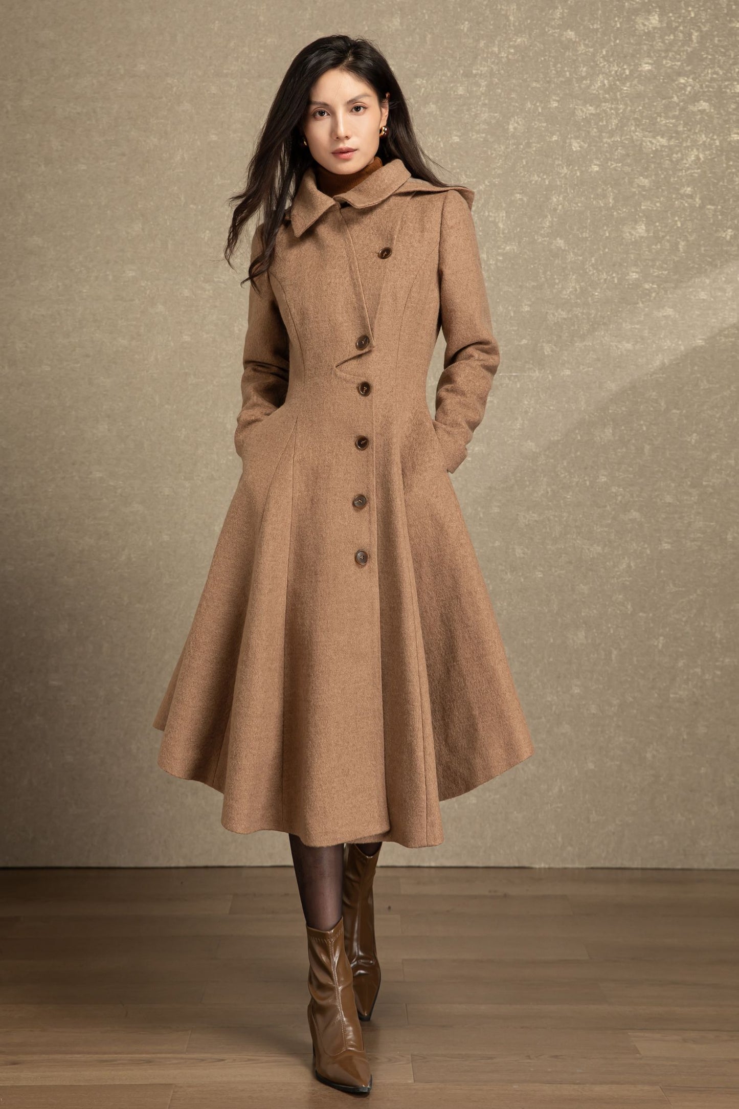 Handmade hooded maxi wool coat C4493