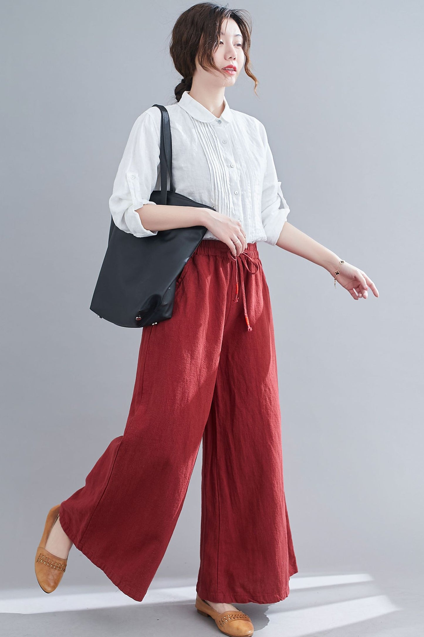 Red Elastic Waist High Waist Linen Pants C1865