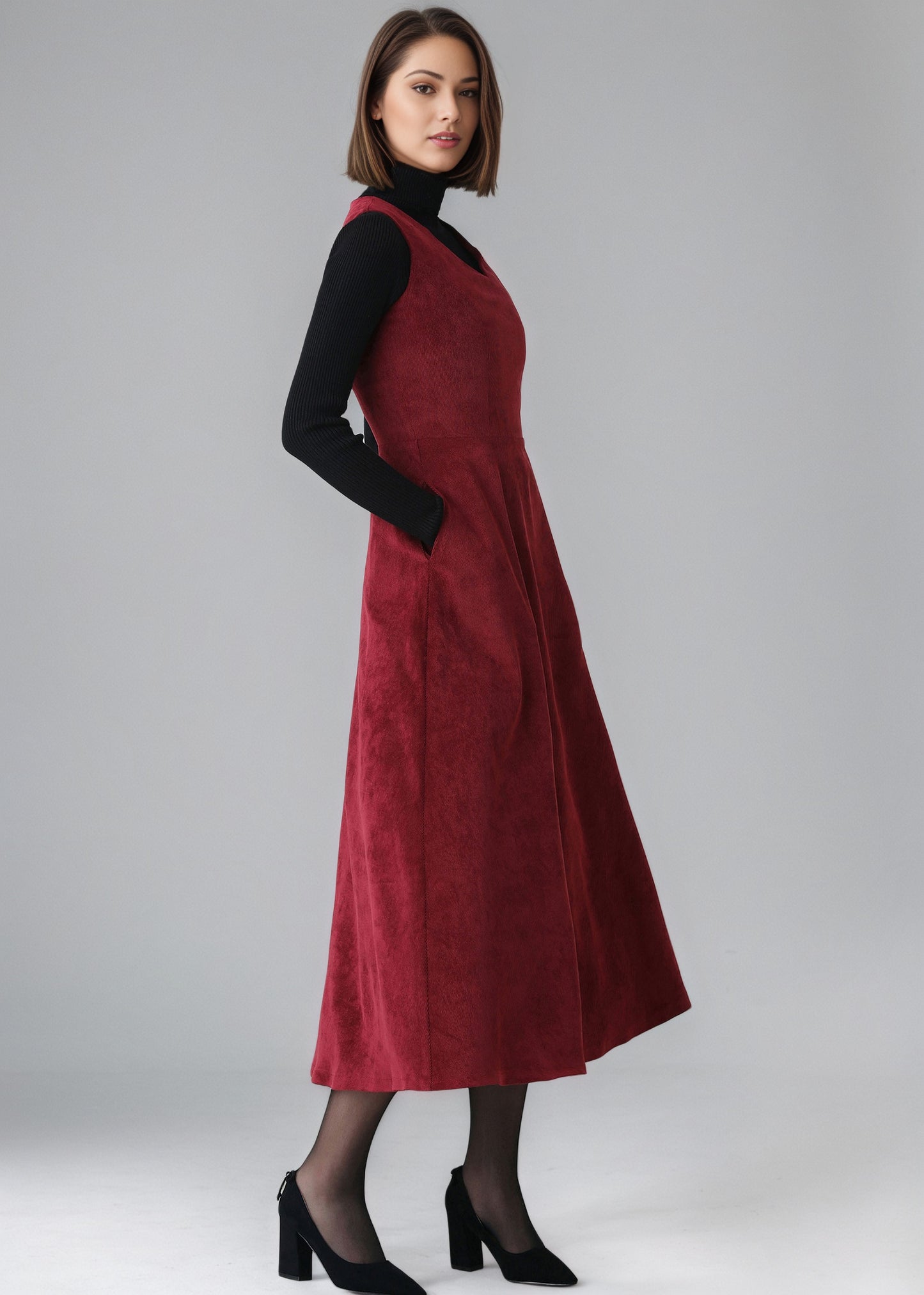 Red Long Corduroy dress, Womens Sleeveless Corduroy dress C5153