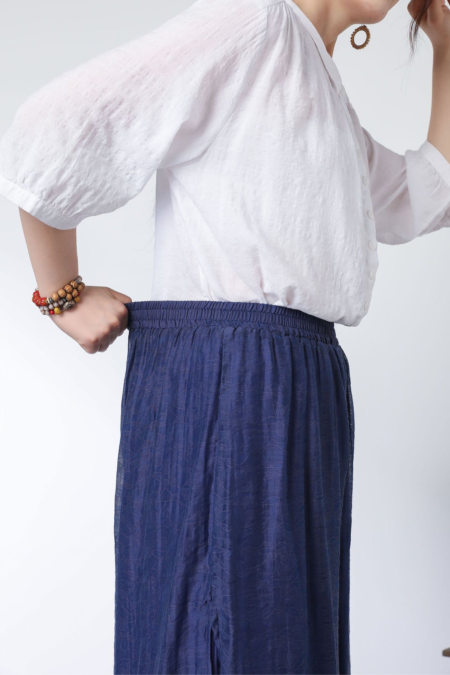 Navy wide legs elastic waist pants C3330