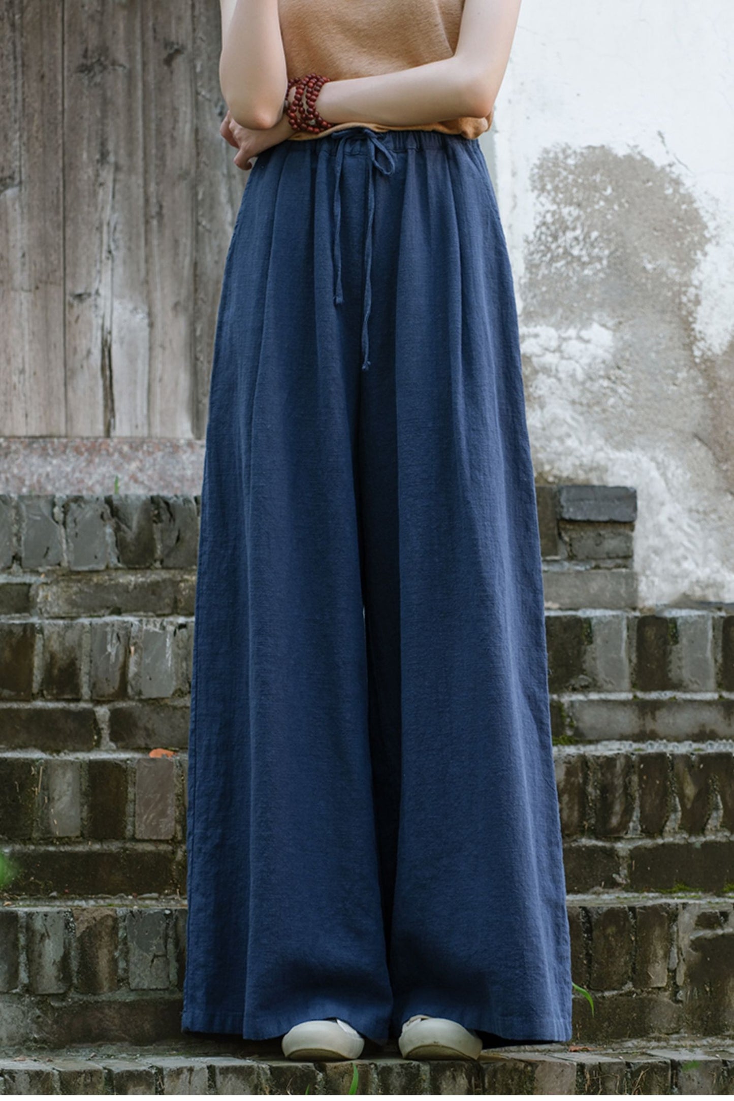 Elastic waist wide leg linen pants L0615
