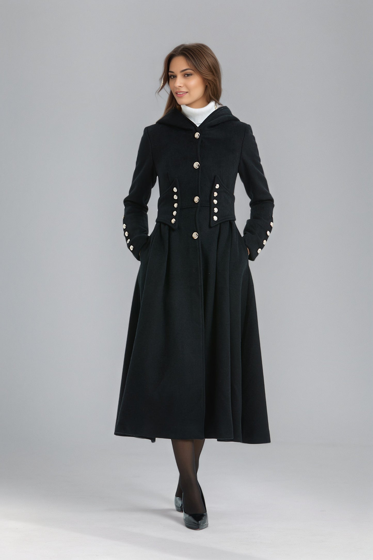 Military Hooded Winter Black Wool Coat C5135