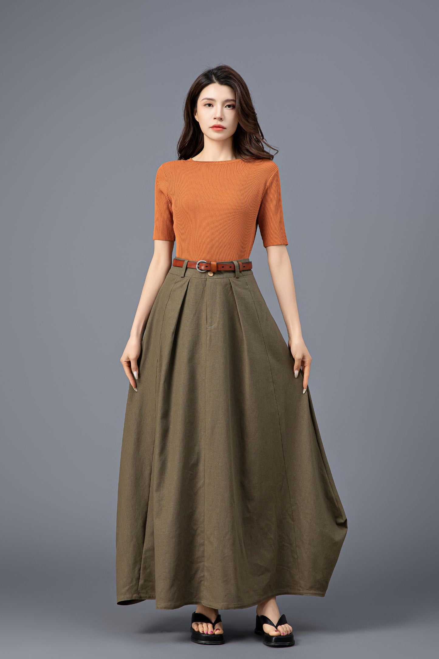 Elegant Army Green Maxi Skirt C3921
