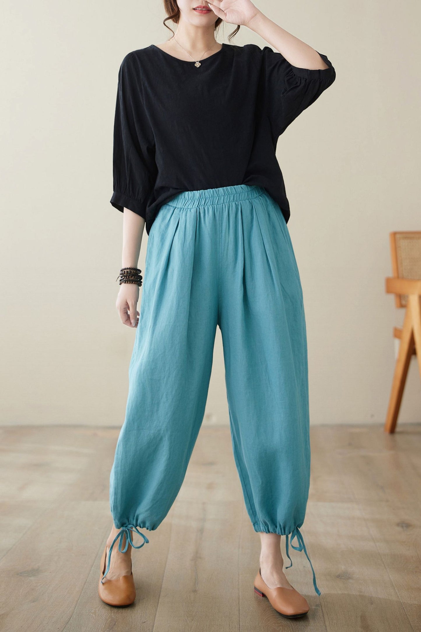 Blue elastic Waist casual linen pants C3965