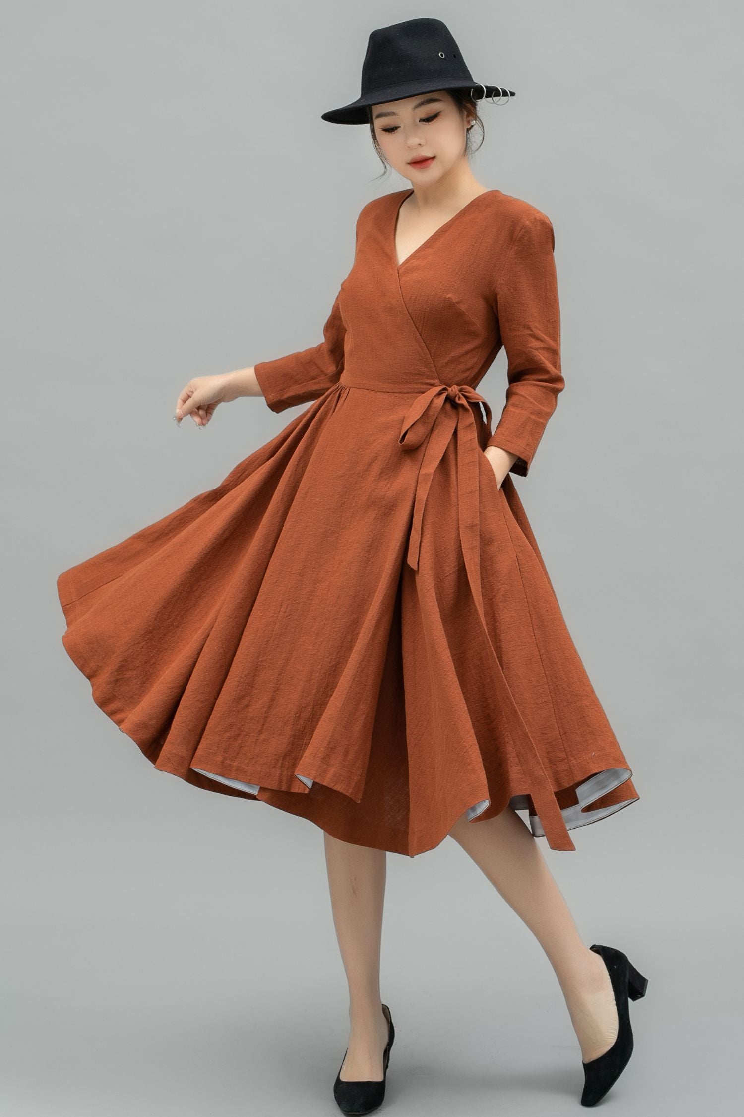 V-Neck Swing Midi linen dress with Waist Tie C4741 YLISTYLE V-Neck Swing Midi linen dress with Waist Tie C4741 YLISTYLE