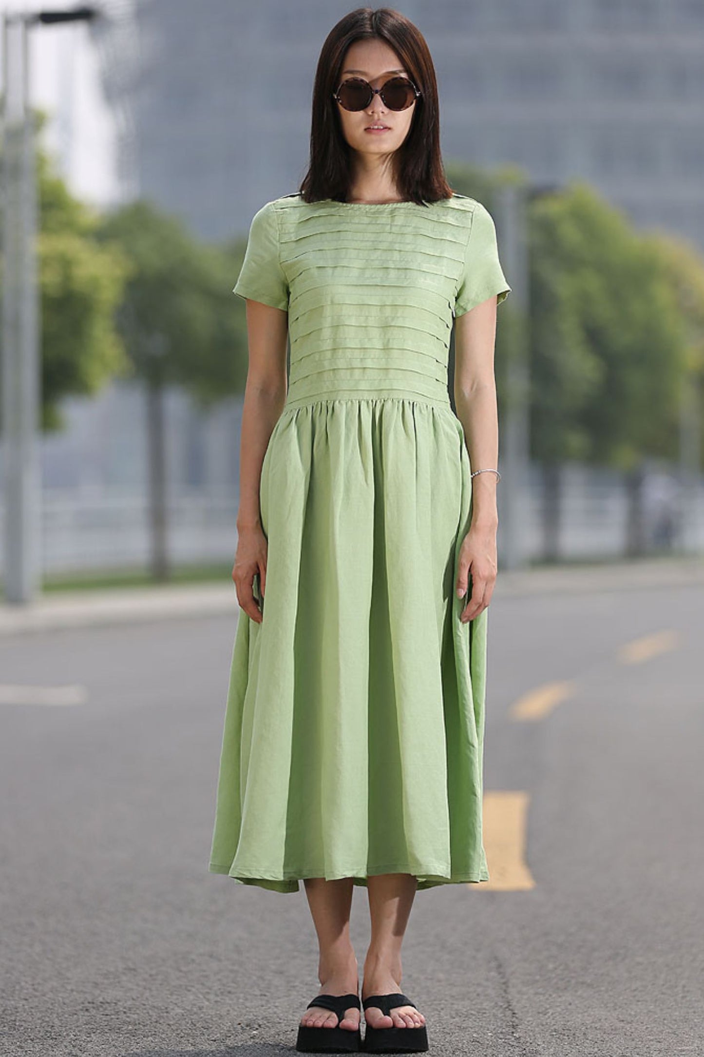 Loose Fitting Short Sleeve Unique Sweep Summer Dress in Lemon Green C258