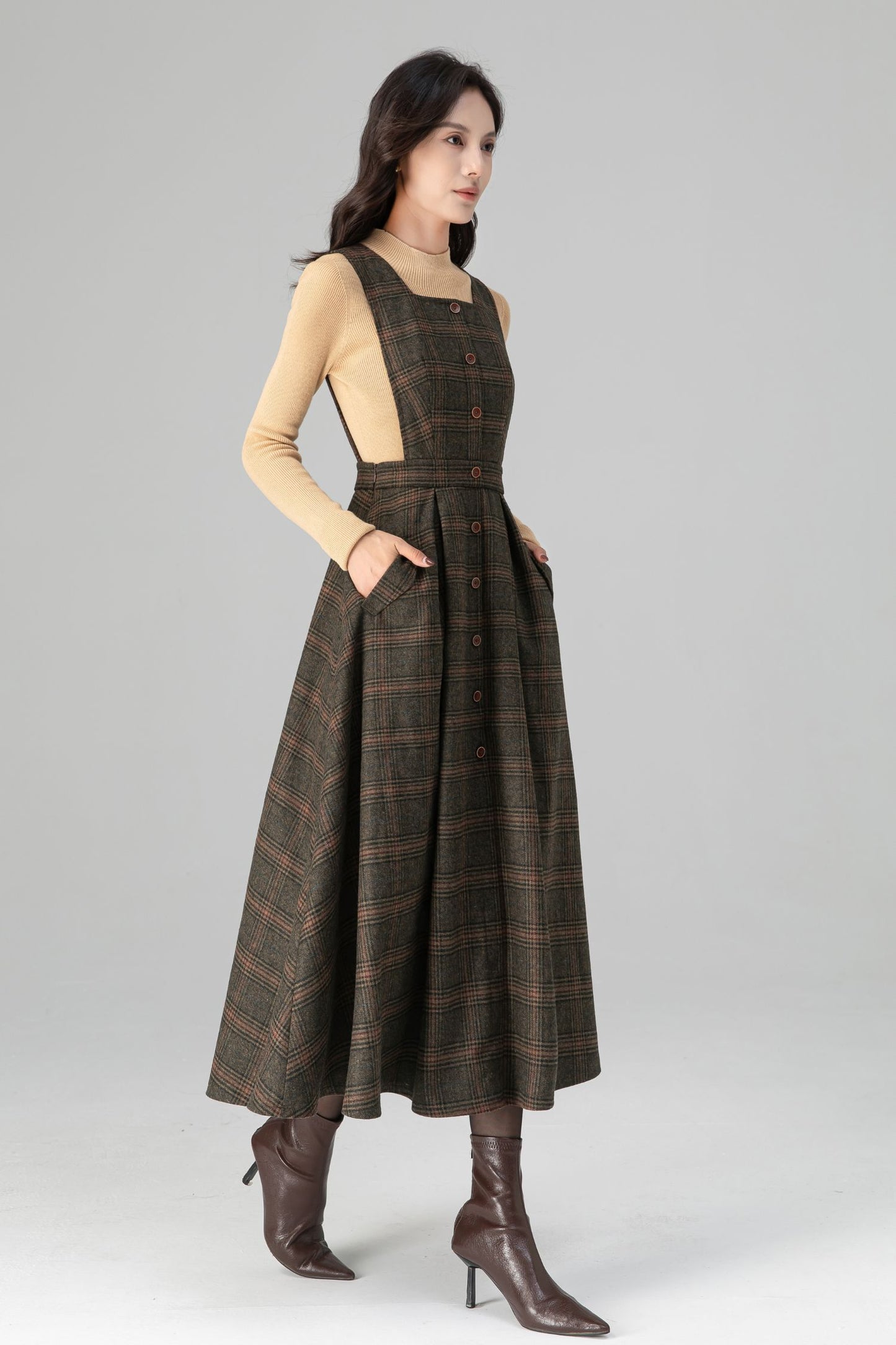 Classic Plaid A Line Apron Midi Wool Dress C5196