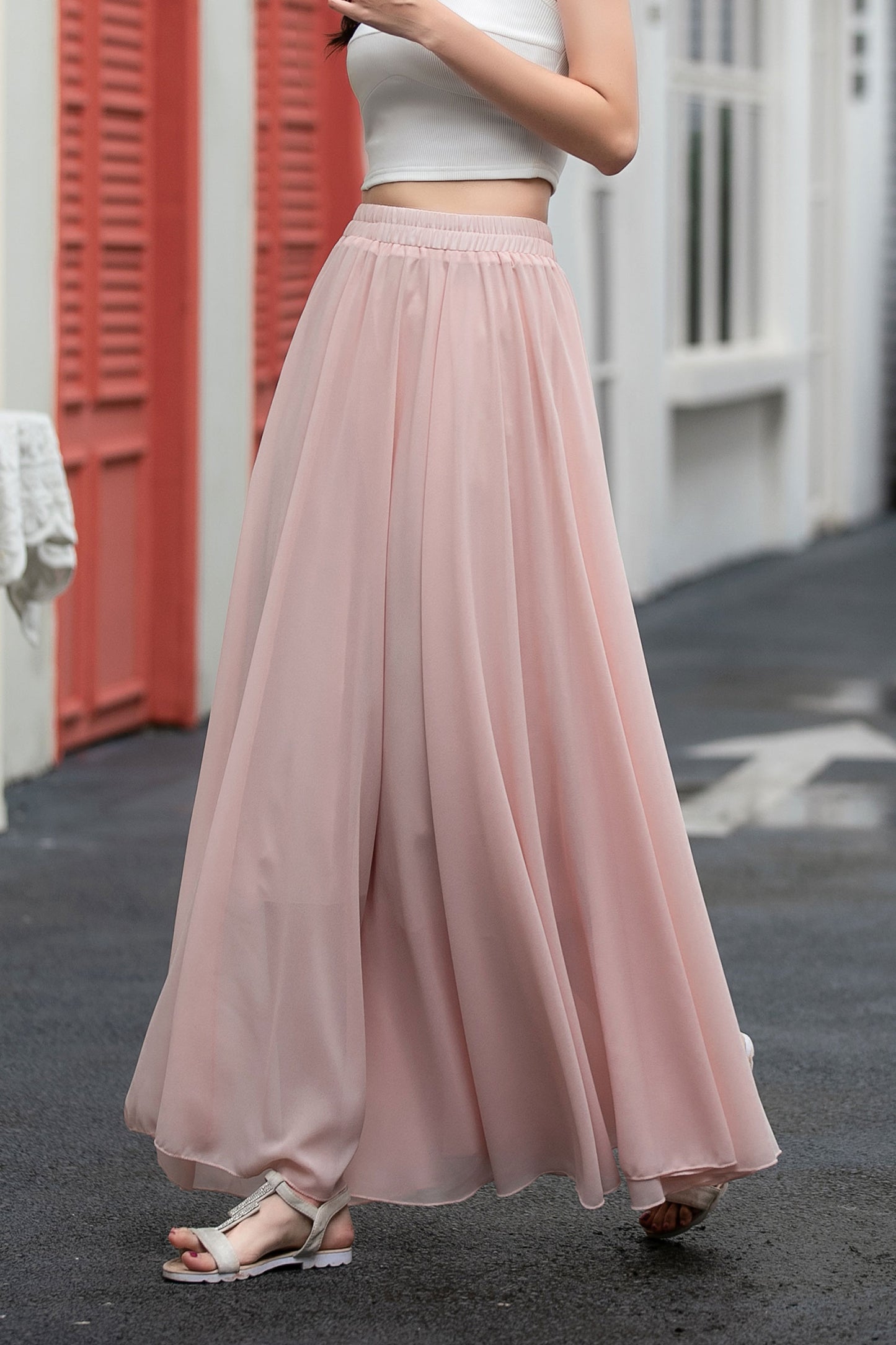 A line pink long chiffon skirt women C5034