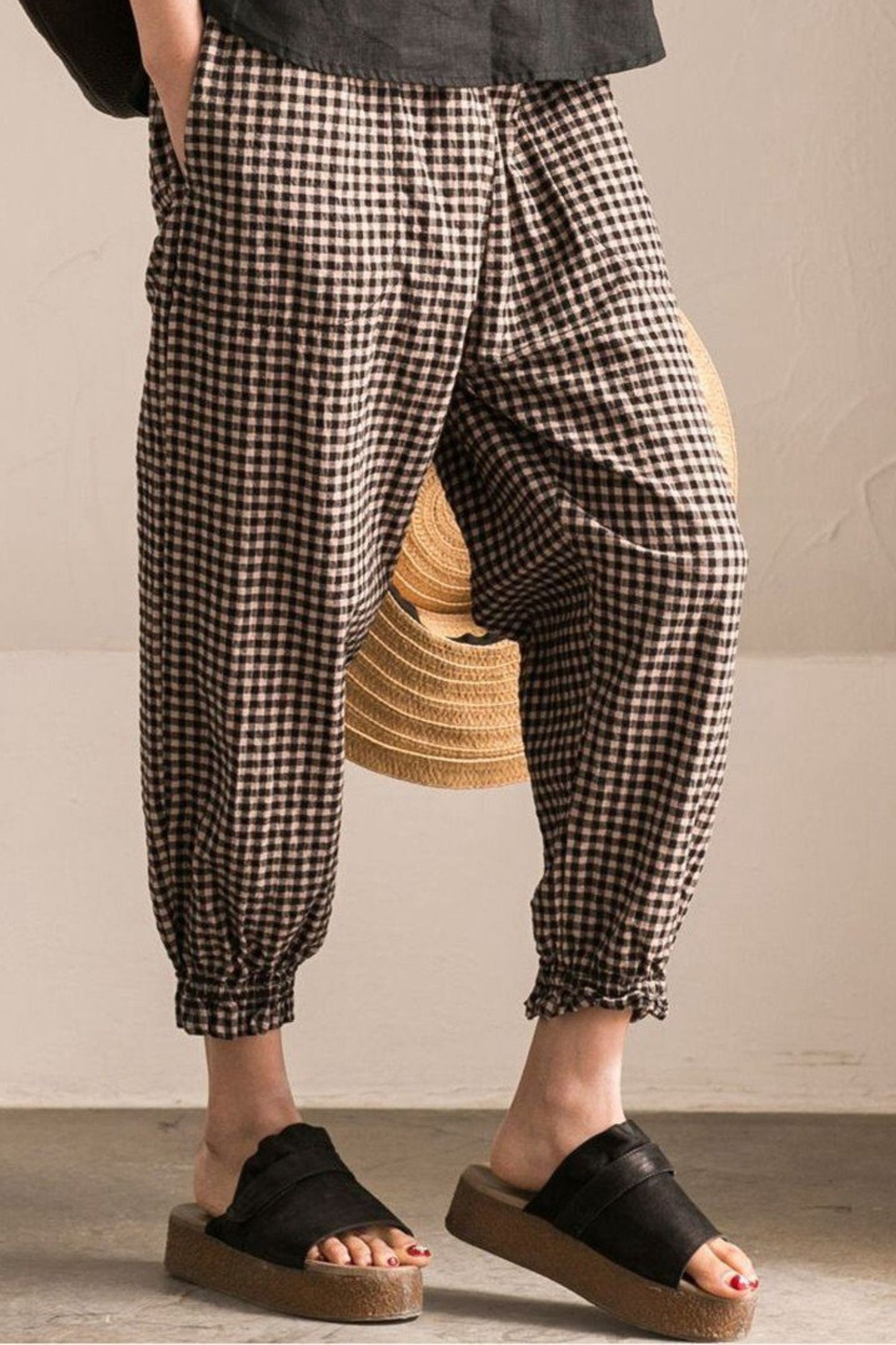 Art Casual Black White Grid Pants Cotton Women Clothes TT0042