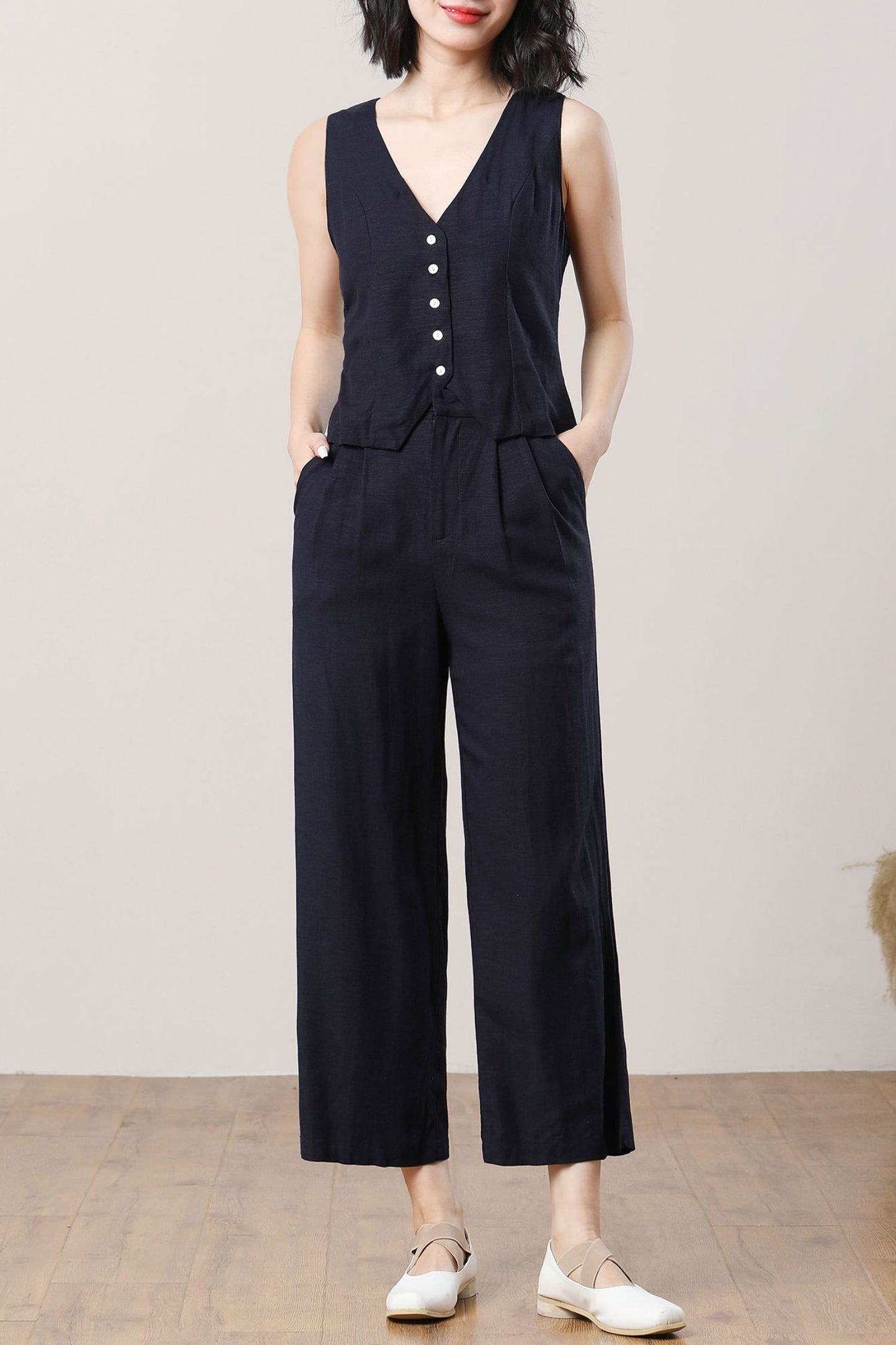 Womens spring and summer Denim blue linen vest suit C3707