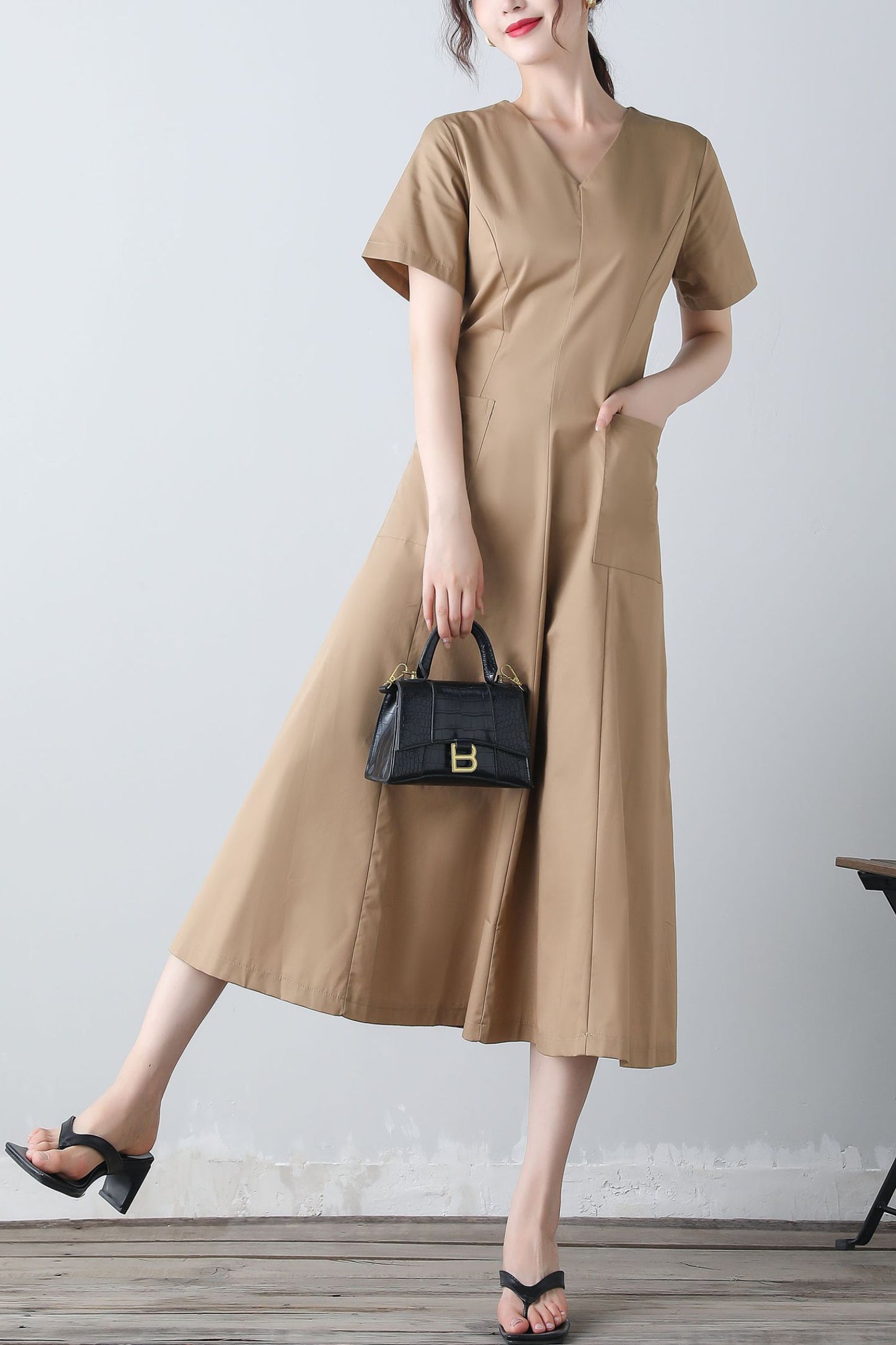 Women's v neck khaki dress C3454
