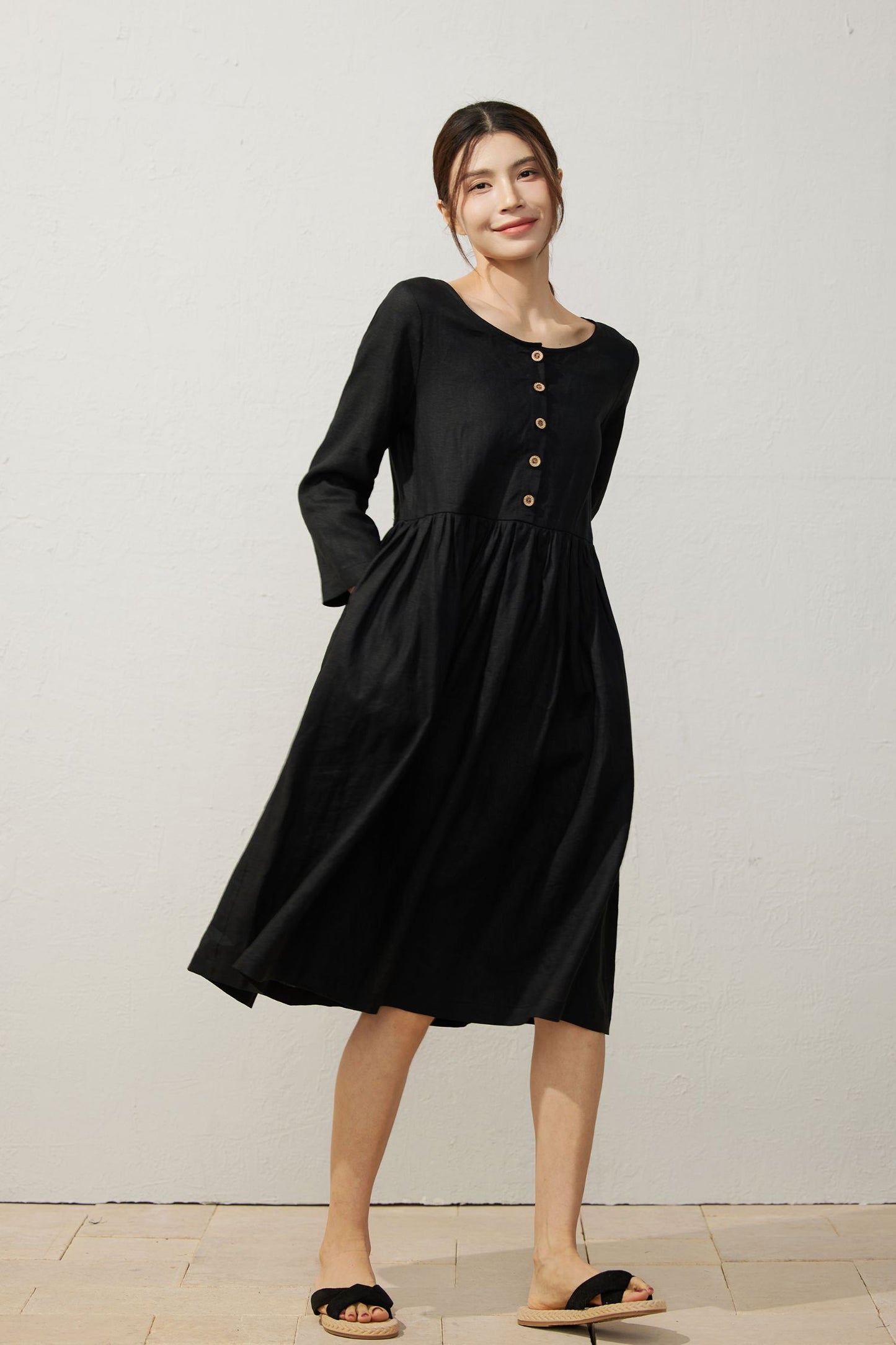 Black Linen Midi Dress with Button Detailing C3925