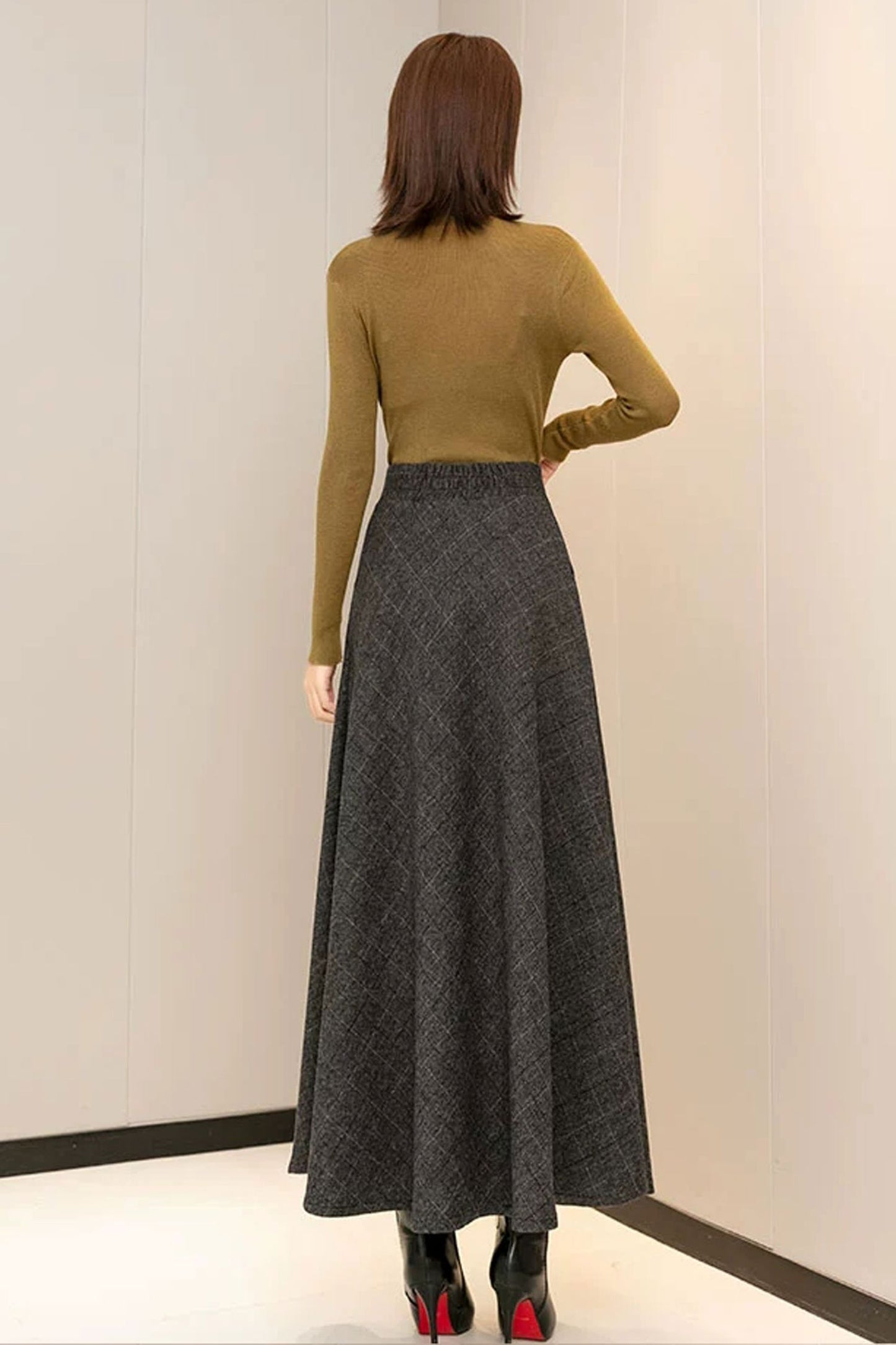 Plaid Wool A Line Skirt C3607