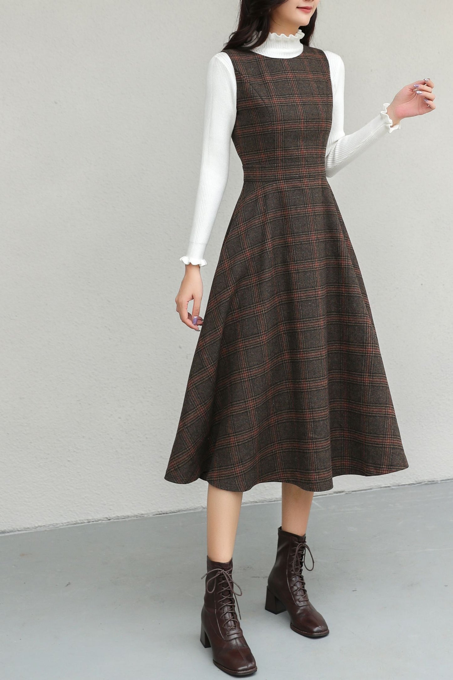 Winter Sleeveless Pinafore Plaid Wool Dress C5192