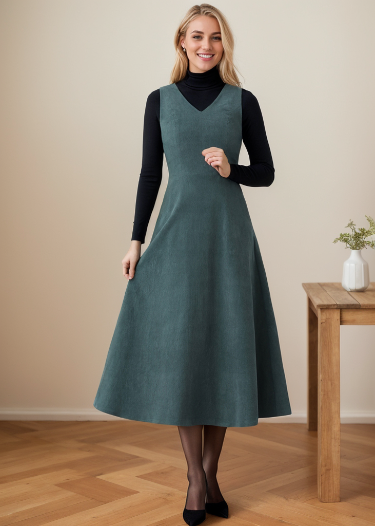 Green Sleeveless A-Line Corduroy dress C4361
