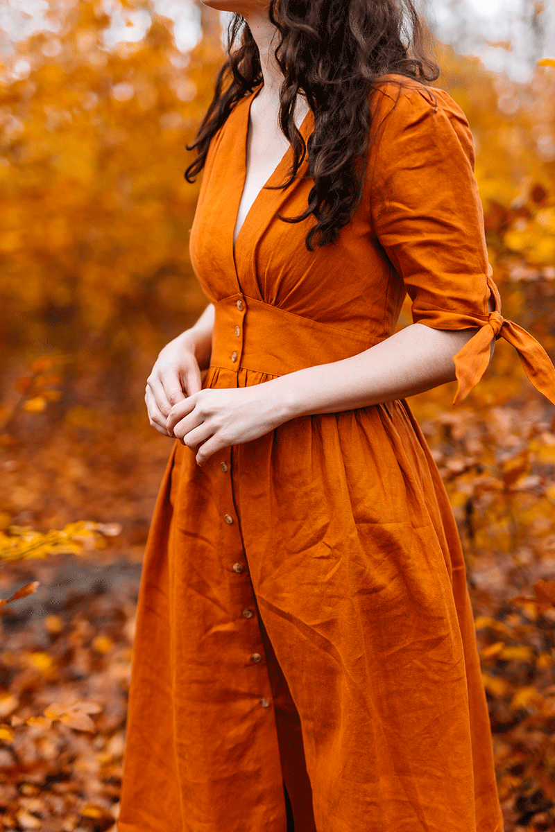 Deep V neck Linen party Dress womens C3777