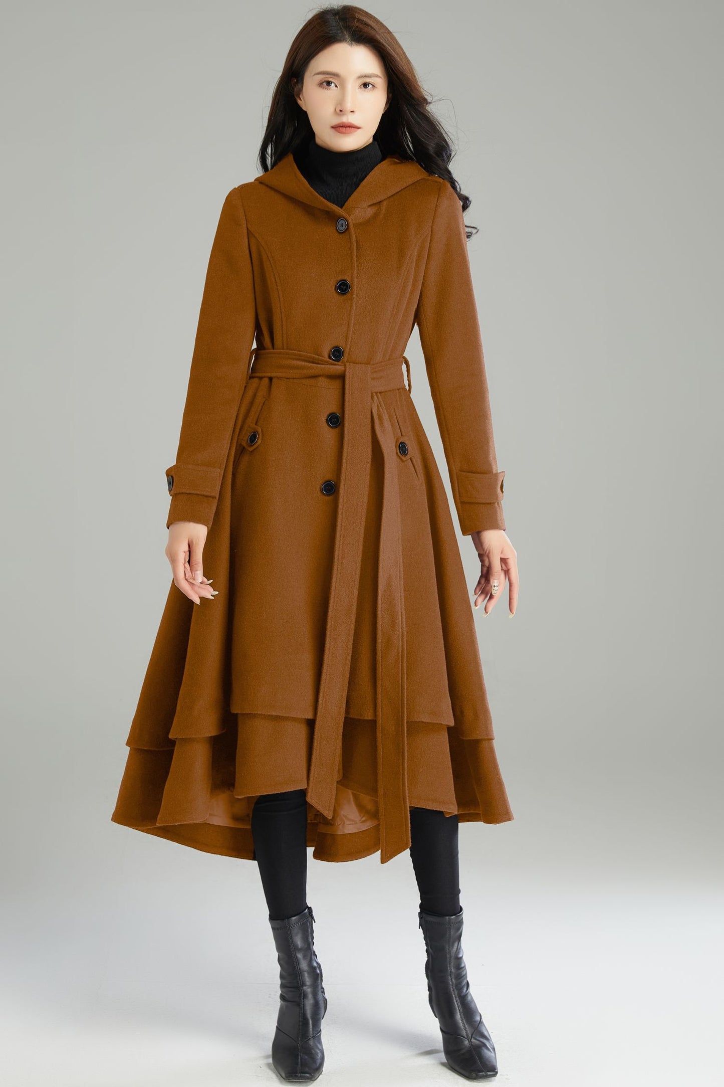 Dark Brown Hooded Wool Coat C4523