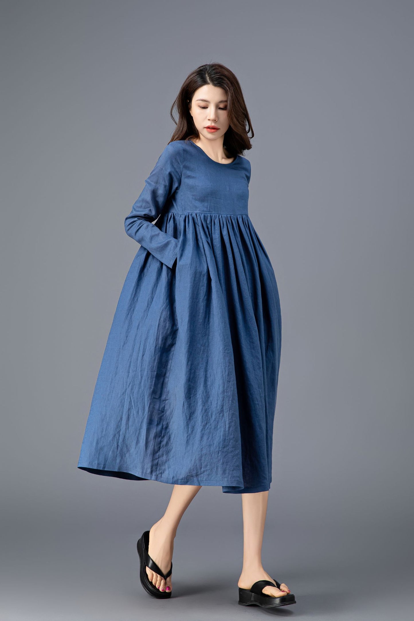 Long Sleeve Blue Linen Dress C3910