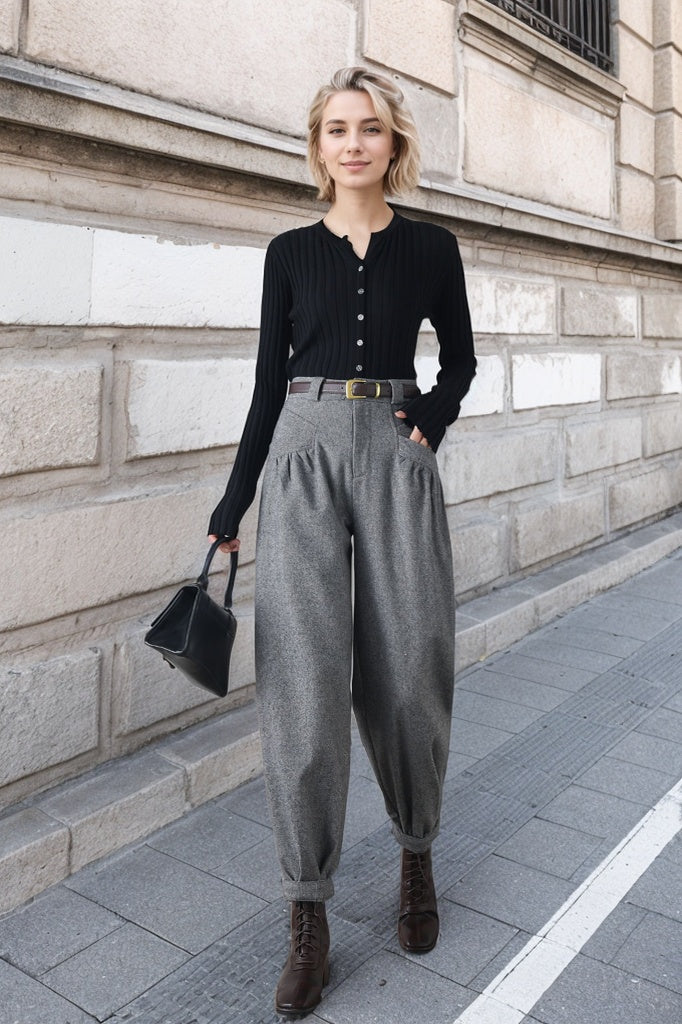 Gray winter wool casual pants C4345