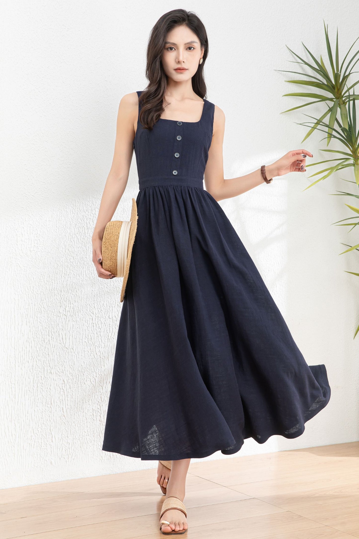 Square Neck Button Maxi Dress for Women c4984