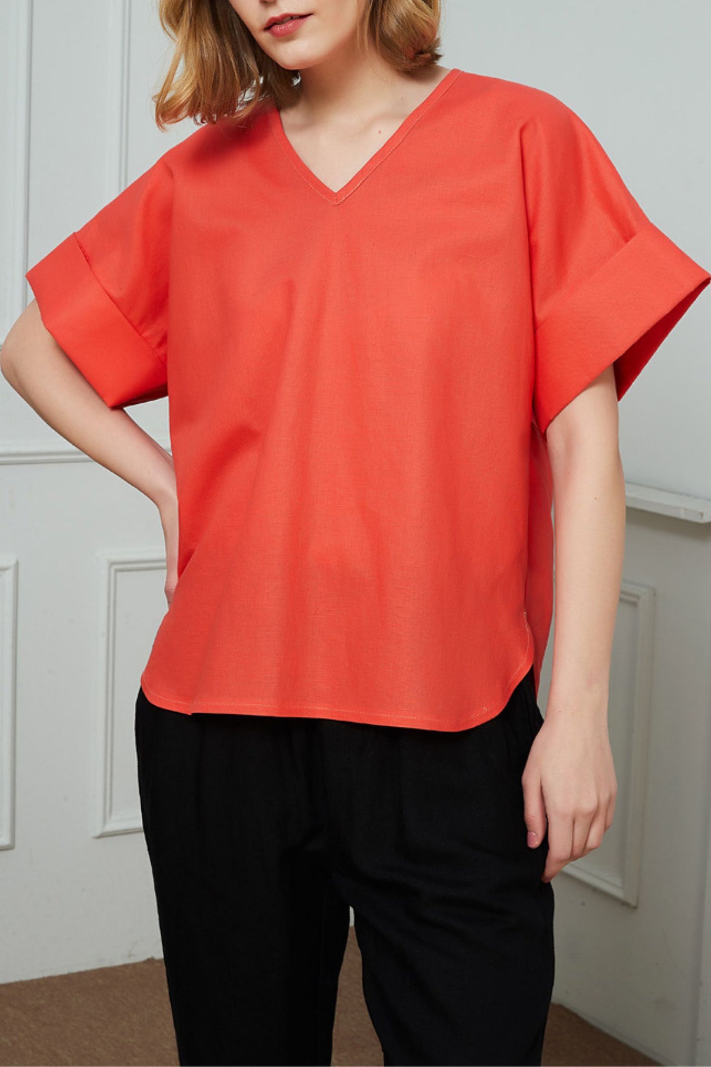 Women's Casual Orange Linen Tops C1467