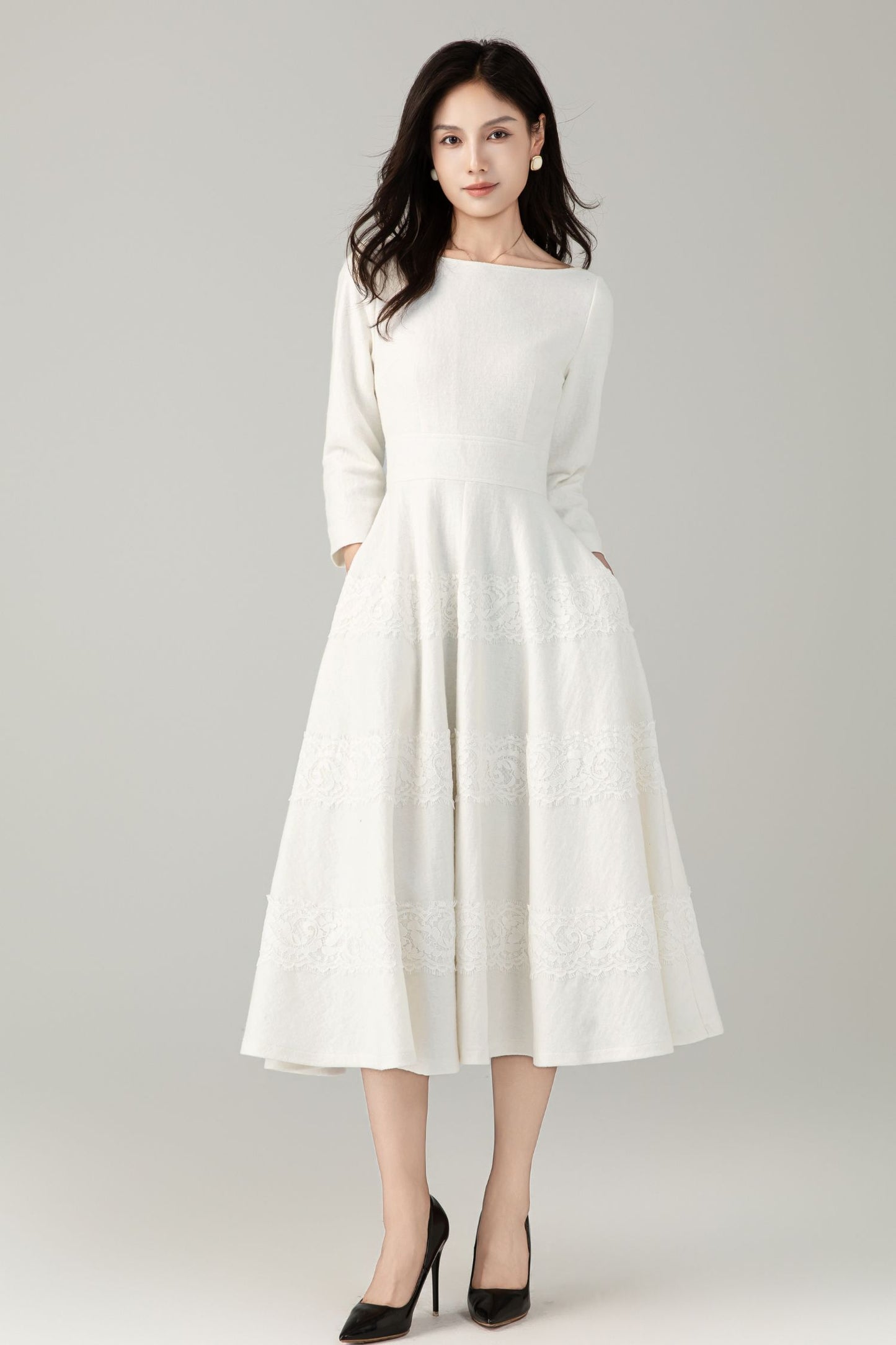 White prom wedding wool dress women C5242