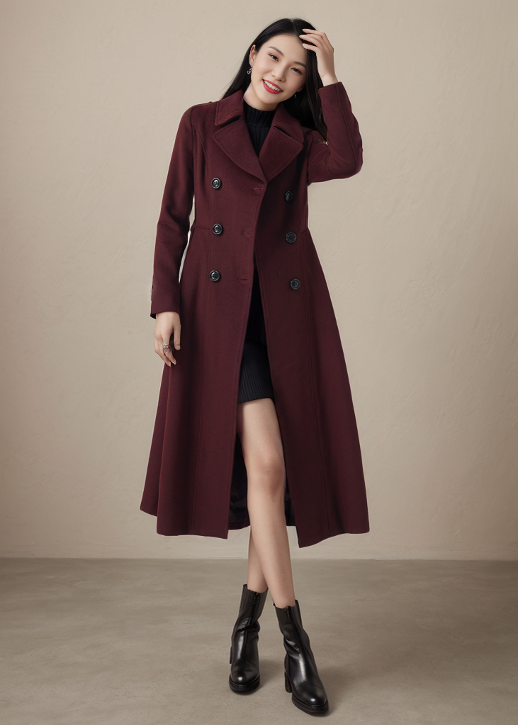 Long Swing Princess Burgundy Wool Coat C4411