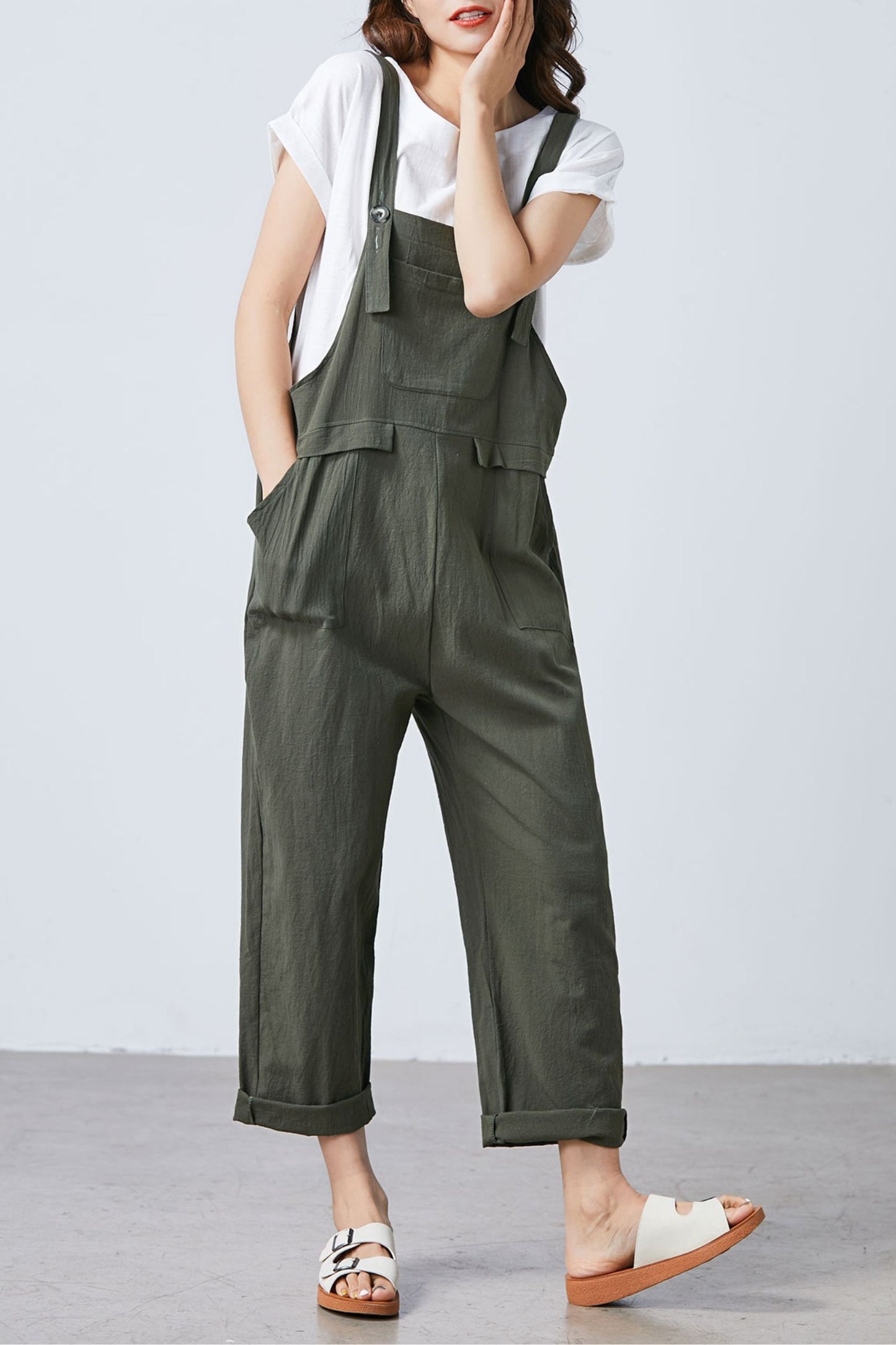 Summer green linen jumpsuit women C1697