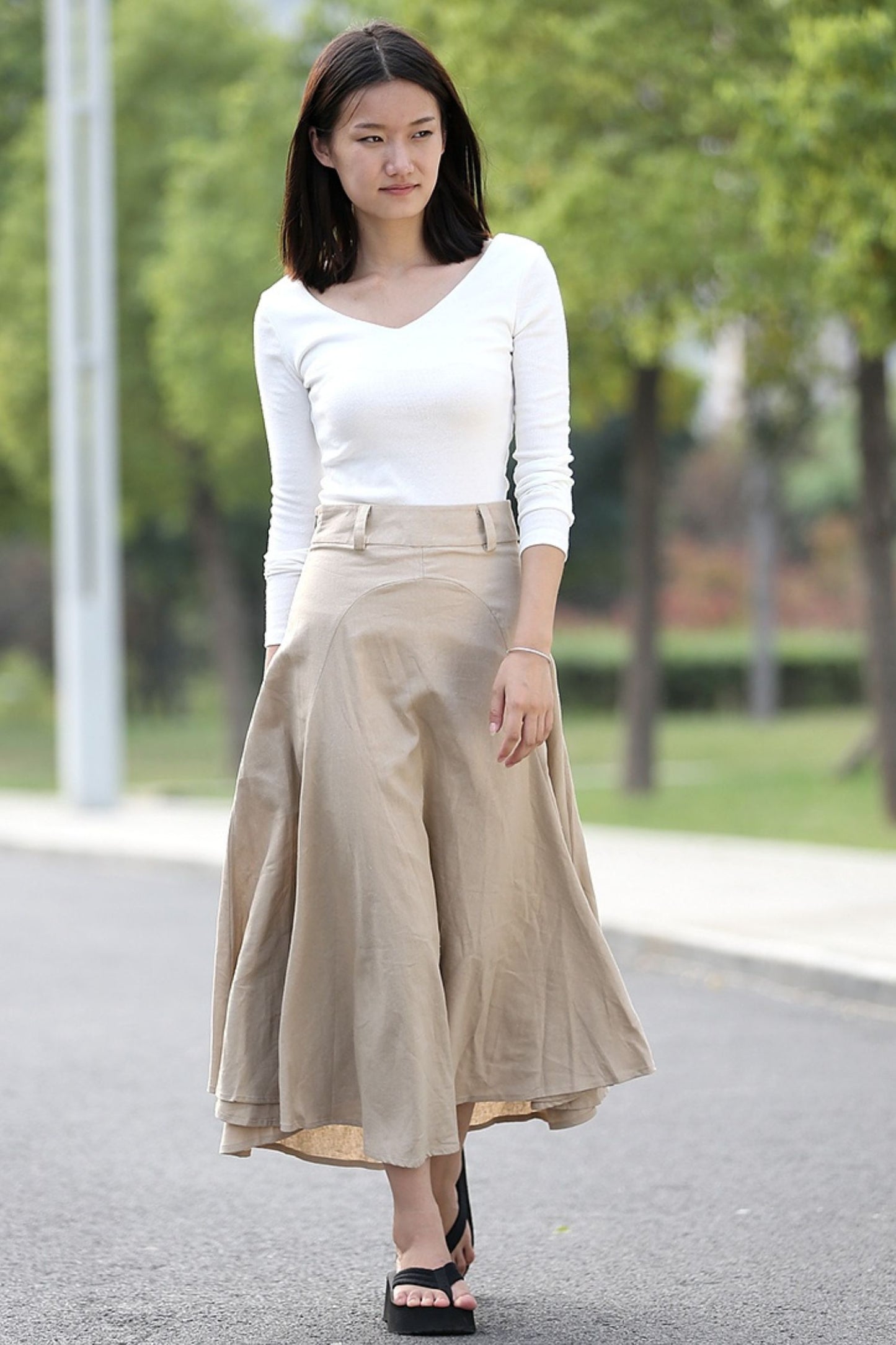 Beige Linen Skirt - Modern Casual Everyday Flattering Slim-Fitted Calf Length Versatile Woman's Skirt C290