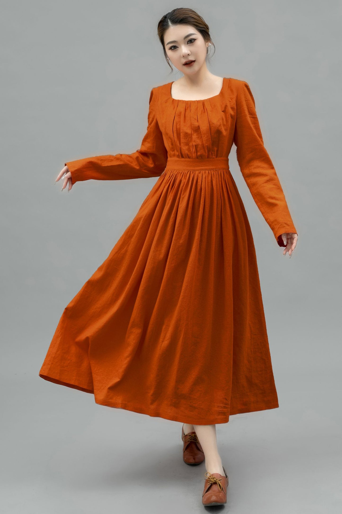 Long Sleeve Orange Linen Dress for Women C4750