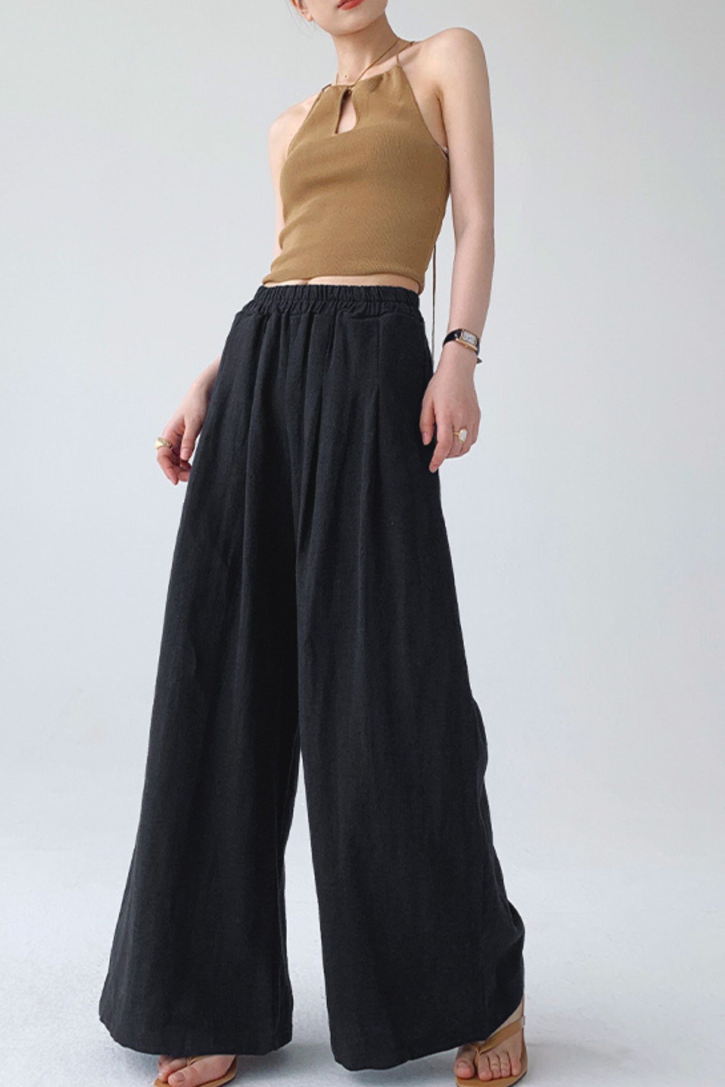 Elastic waist wide leg linen pants L0606