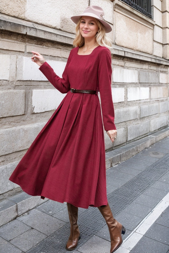 Red classic winter wool dress women C4500 YLISTYLE Red classic winter wool dress women C4500 YLISTYLE